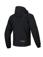 Alpinestars MM93 Radium Tech hættetrøje, herre motorcykeljakke set bagfra, sort og lys rød, CE-certificeret vindtæt 3L tech-skal med aftagelig hætte