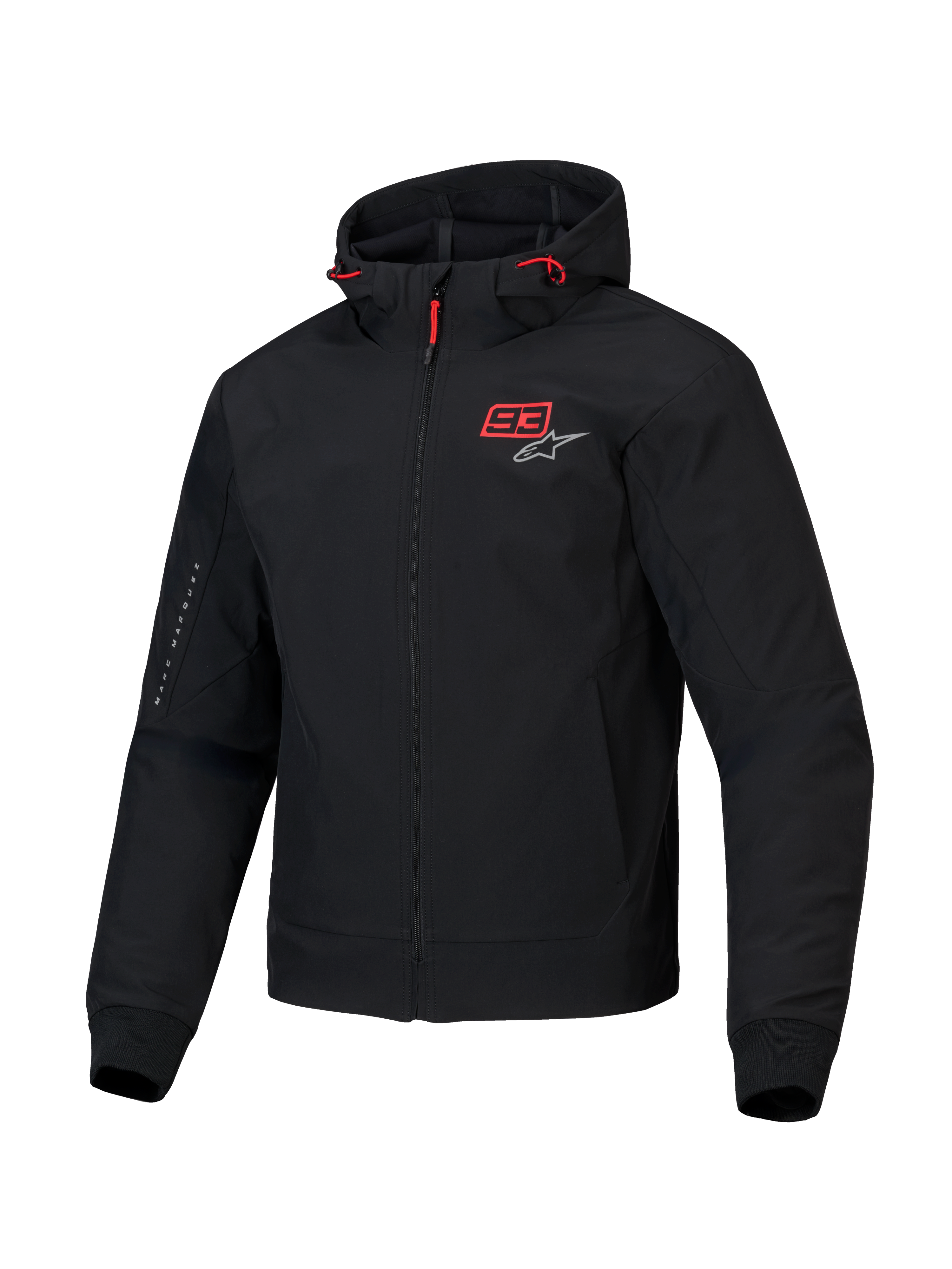 Alpinestars MM93 Radium Tech Hættetrøje, sort motorcykeljakke til herrer med røde detaljer, vindtæt 3L tech shell og CE-certificeret beskyttelse
