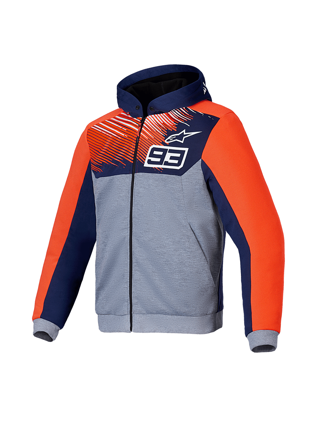 Alpinestars MM93 Chrome V2 Sport Hoodie, CE certified motorcycle riding hoodie with aramidic reinforcements and Nucleon Flex Plus armor, Blue, Navy, Gray Mel, and Red Fluo