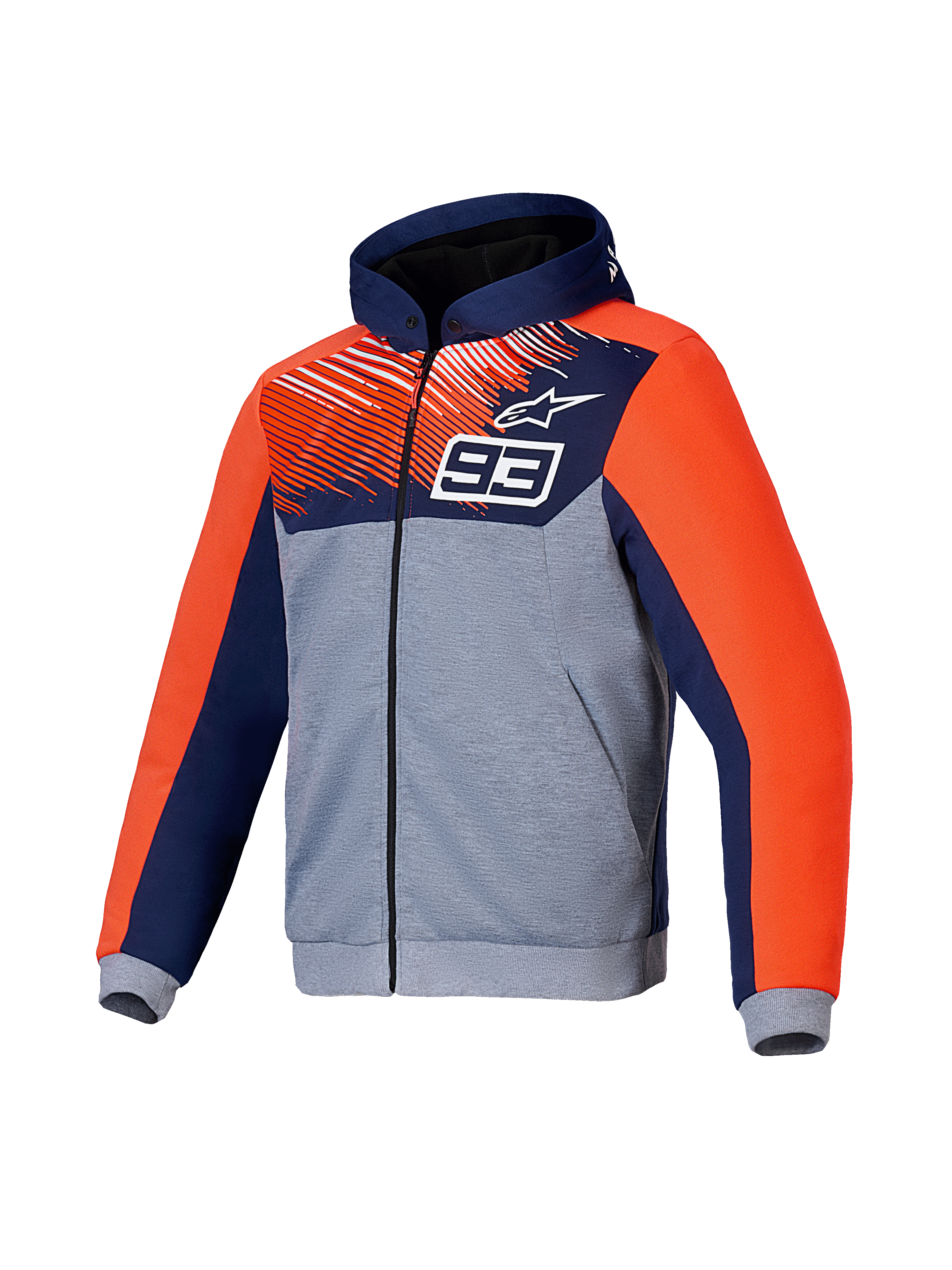 Alpinestars MM93 Chrome V2 Sport Hoodie, CE certified motorcycle riding hoodie with aramidic reinforcements and Nucleon Flex Plus armor, Blue, Navy, Gray Mel, and Red Fluo