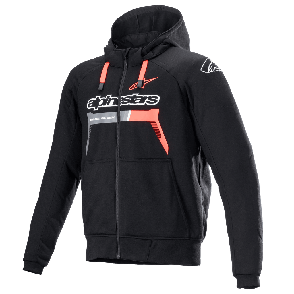Alpinestars Chrome Ignition Hoodie, Black and Red Fluo, protective zip-up motorcycle hoodie with white chest branding, red drawstrings, and ribbed cuffs, urban riding gear