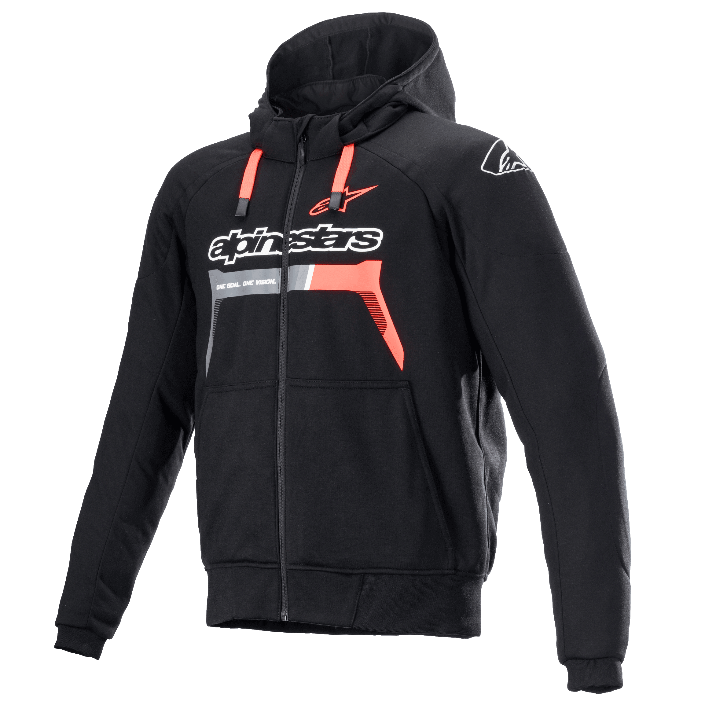 Alpinestars Chrome Ignition Hoodie, Black and Red Fluo, protective zip-up motorcycle hoodie with white chest branding, red drawstrings, and ribbed cuffs, urban riding gear