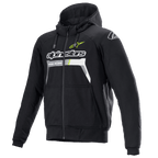 Alpinestars Chrome Ignition Hoodie, Black Zip-Up Motorcycle Hoodie, White and Yellow Fluo Logos, Front Zipper, Adjustable Hood, Two Front Pockets, Urban Riding Gear