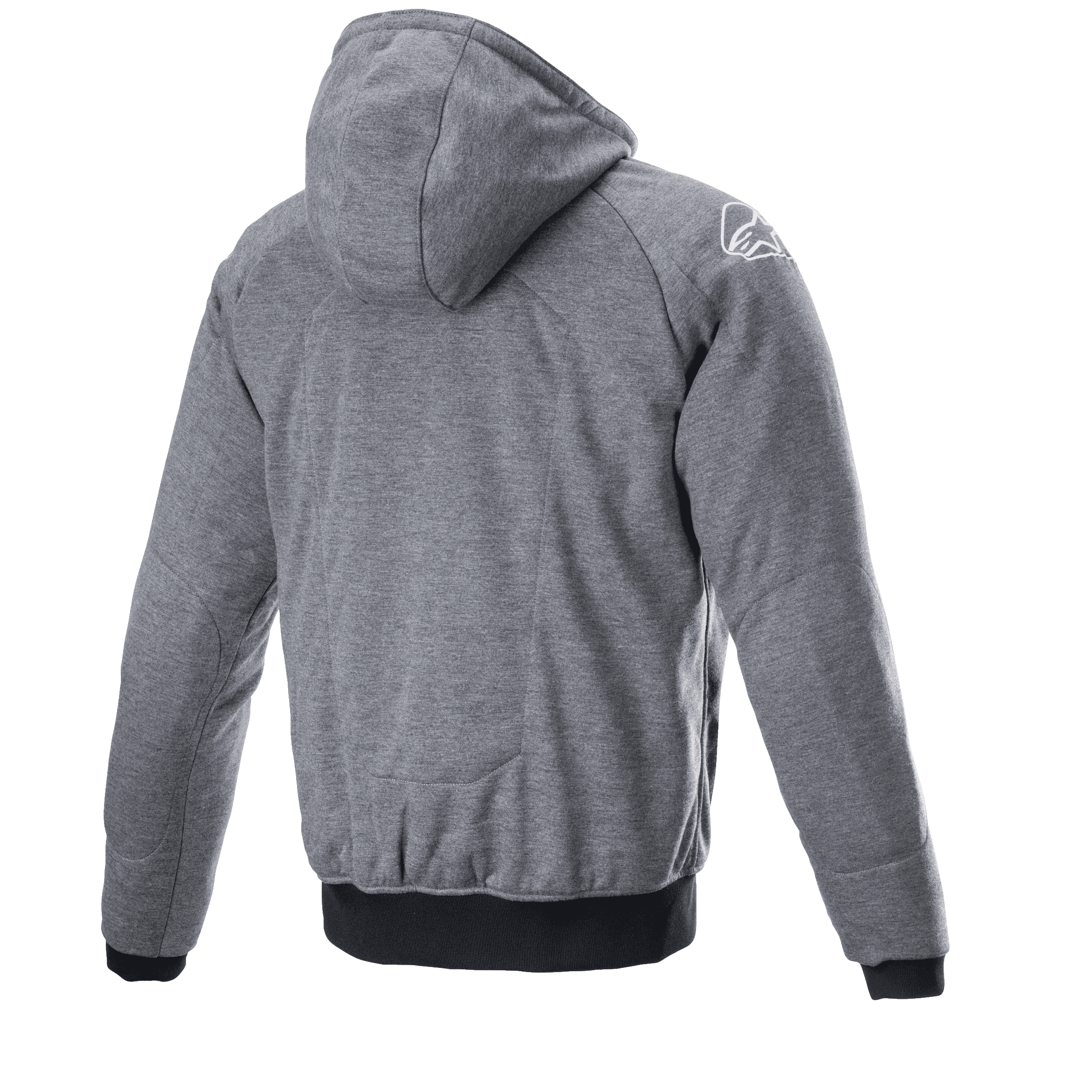 Alpinestars Chrome Ignition Hoodie, Melange Dark Gray, rear view showing hood and textured fabric, white logo on the right shoulder, black ribbed cuffs and waistband, casual urban motorcycle riding gear.