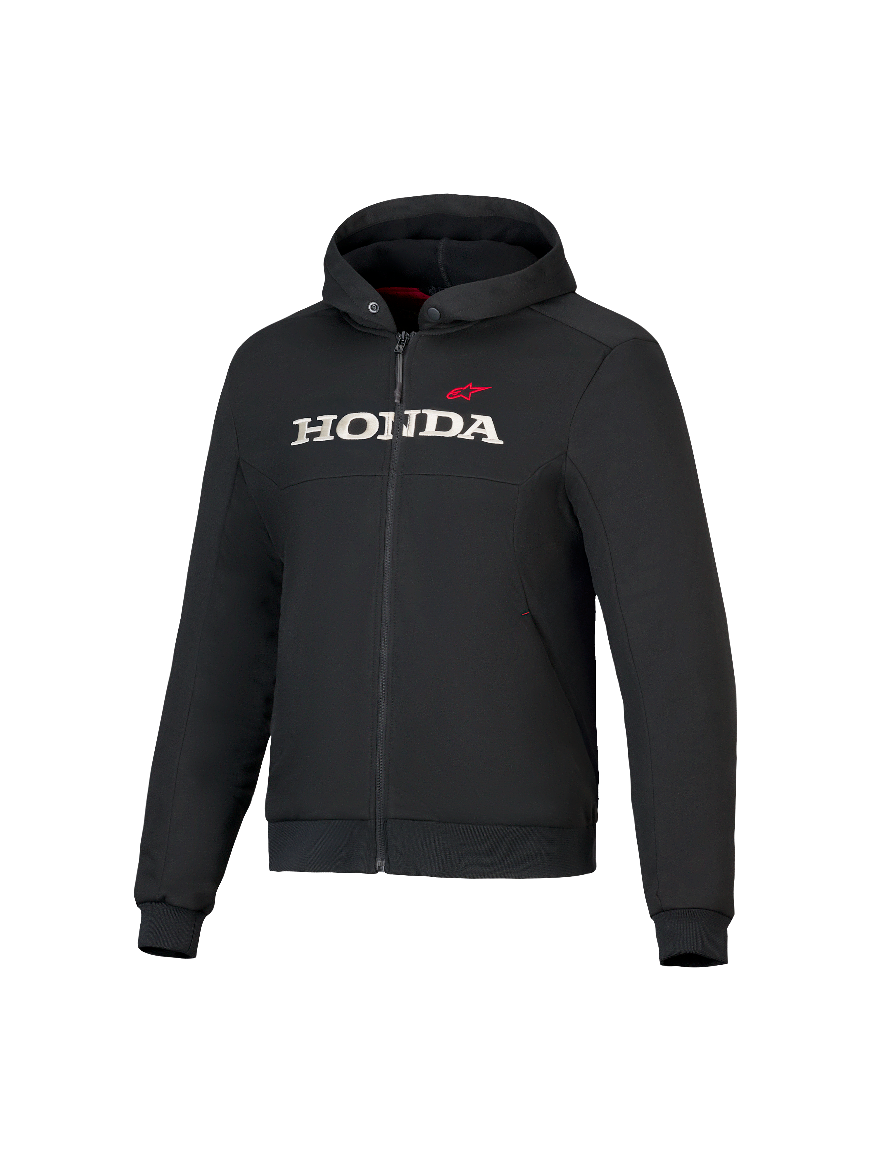Honda Chrome V3 Sport Hoodie, sort hættejakke med lynlås foran, hvidt HONDA-logo og rød Alpinestars-stjerne på brystet, lange ærmer med ribkanter, rødt hættefor, urban motorcykelbeklædning