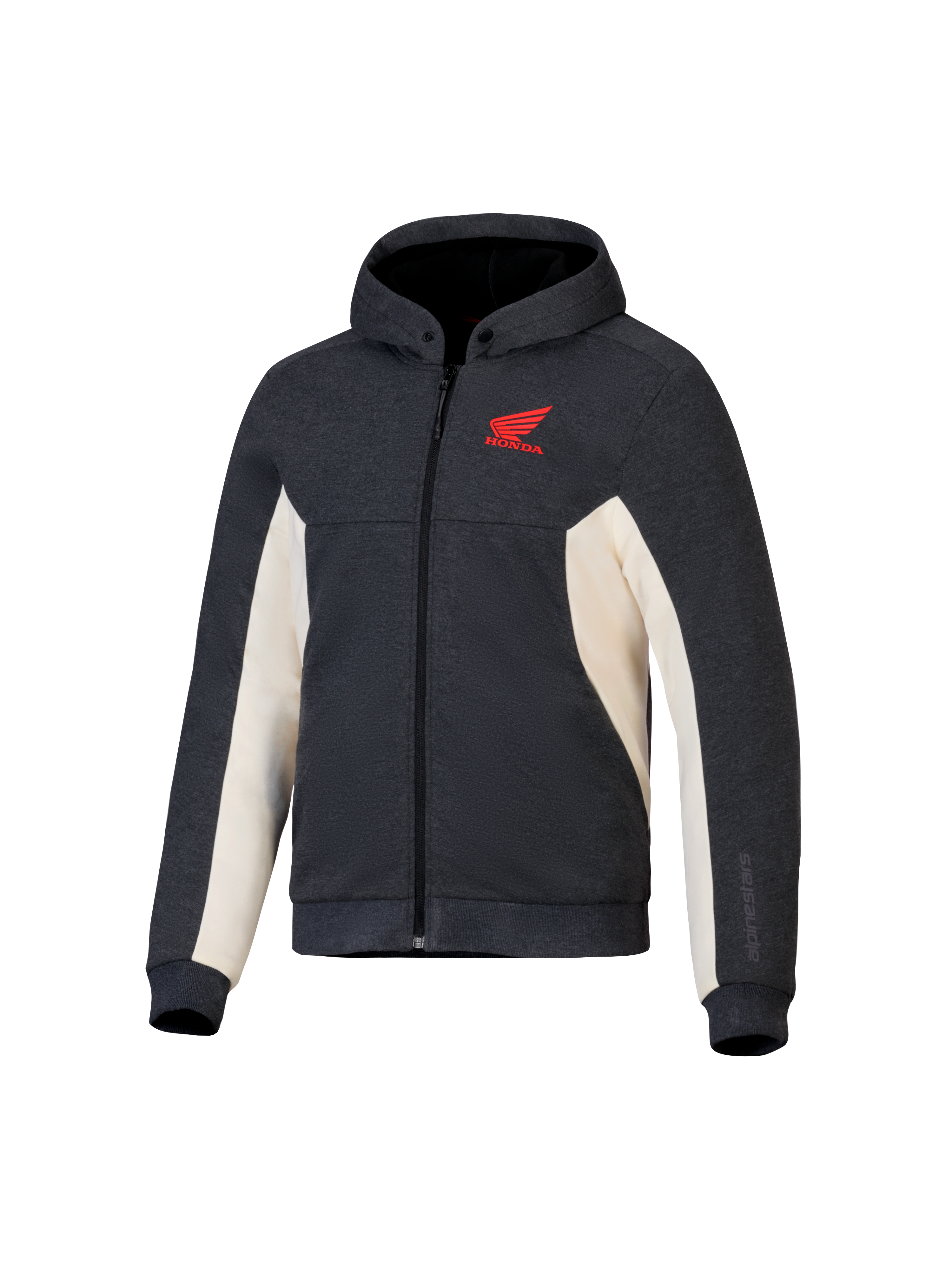 Alpinestars Honda Chrome V3 Sport Hoodie, antracit meleret og off-white, rødt Honda Wing-logo på brystet, teknisk fleece med lynlås, hætte med trykknapper og ribbede manchetter, afslappet motorcykeludstyr til bykørsel