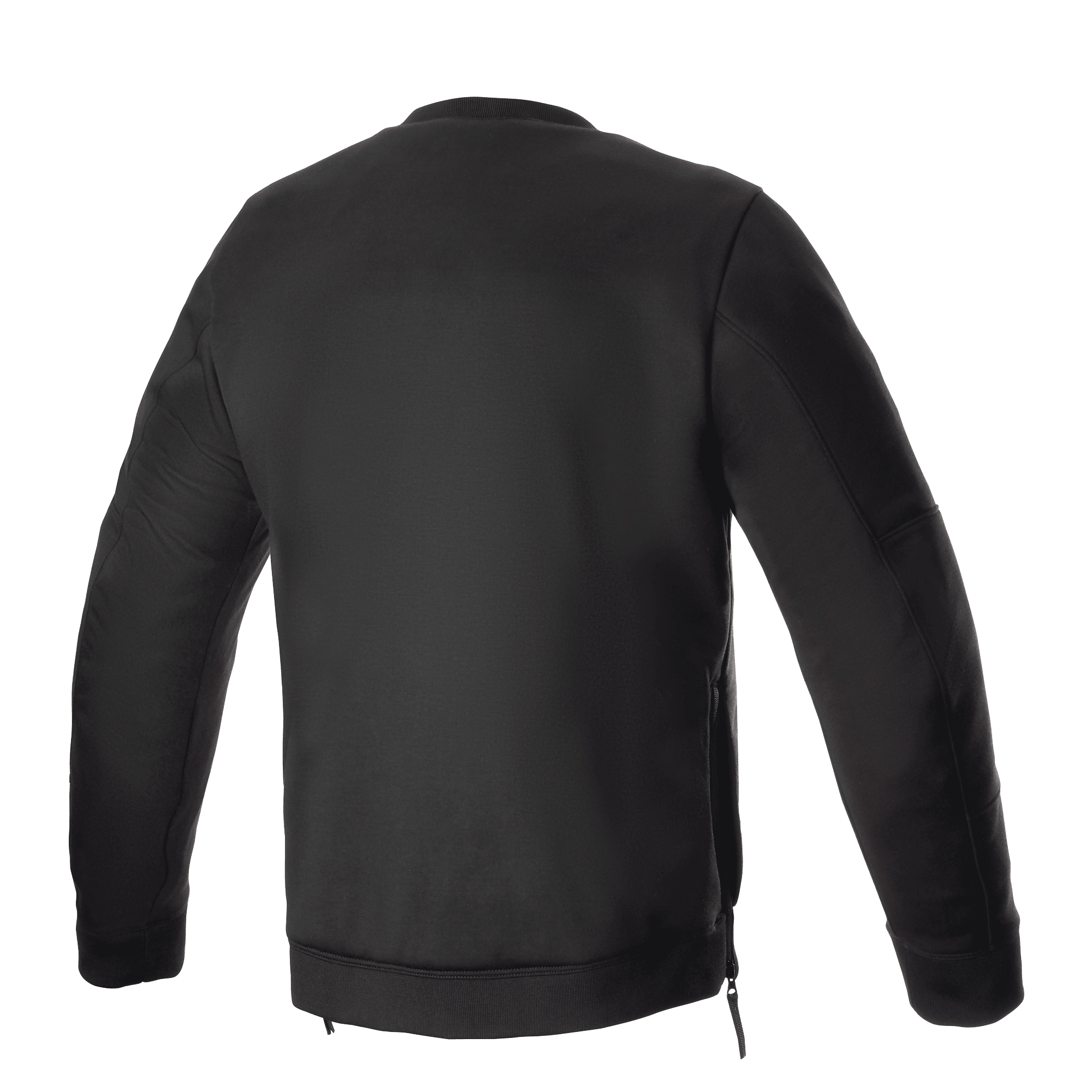 Alpinestars Legit Crew Fleece, sort, set bagfra, urban motorcykel-køretrøje, rund hals med ribmanchetter og ribkant, lynlåse i siden, afslappet beskyttelsesudstyr til kørere