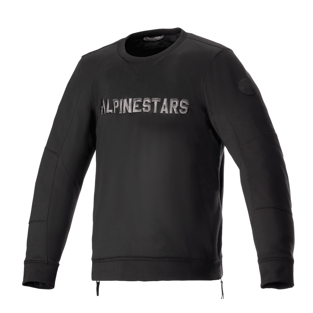 Alpinestars Legit Crew Fleece, urban motorcykeljakke, sort og cool gray, pullover med rund hals og metallisk logo på brystet, lynlåse i siderne, ribbede manchetter og kant, afslappet køreudstyr