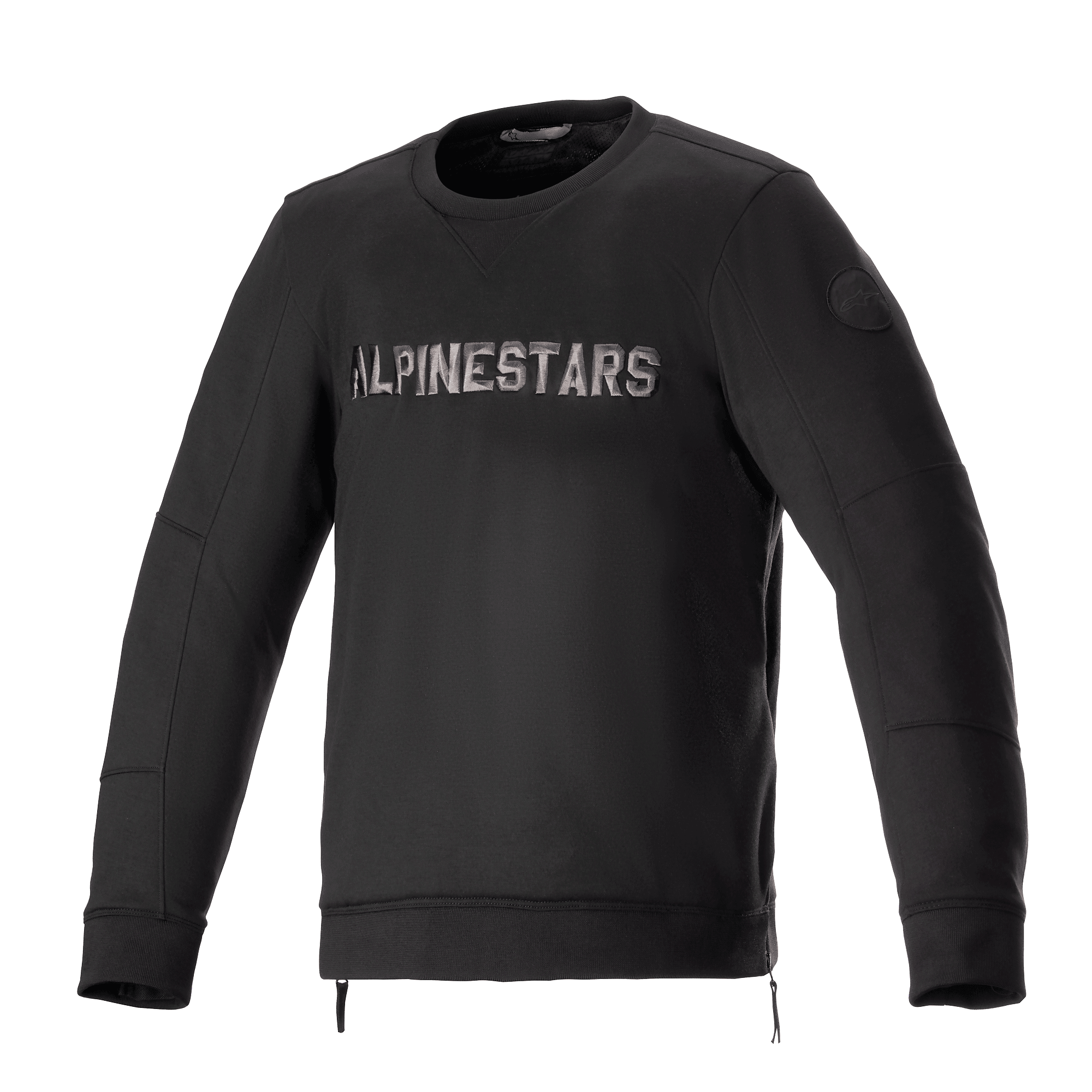 Alpinestars Legit Crew Fleece, urban motorcykeljakke, sort og cool gray, pullover med rund hals og metallisk logo på brystet, lynlåse i siderne, ribbede manchetter og kant, afslappet køreudstyr