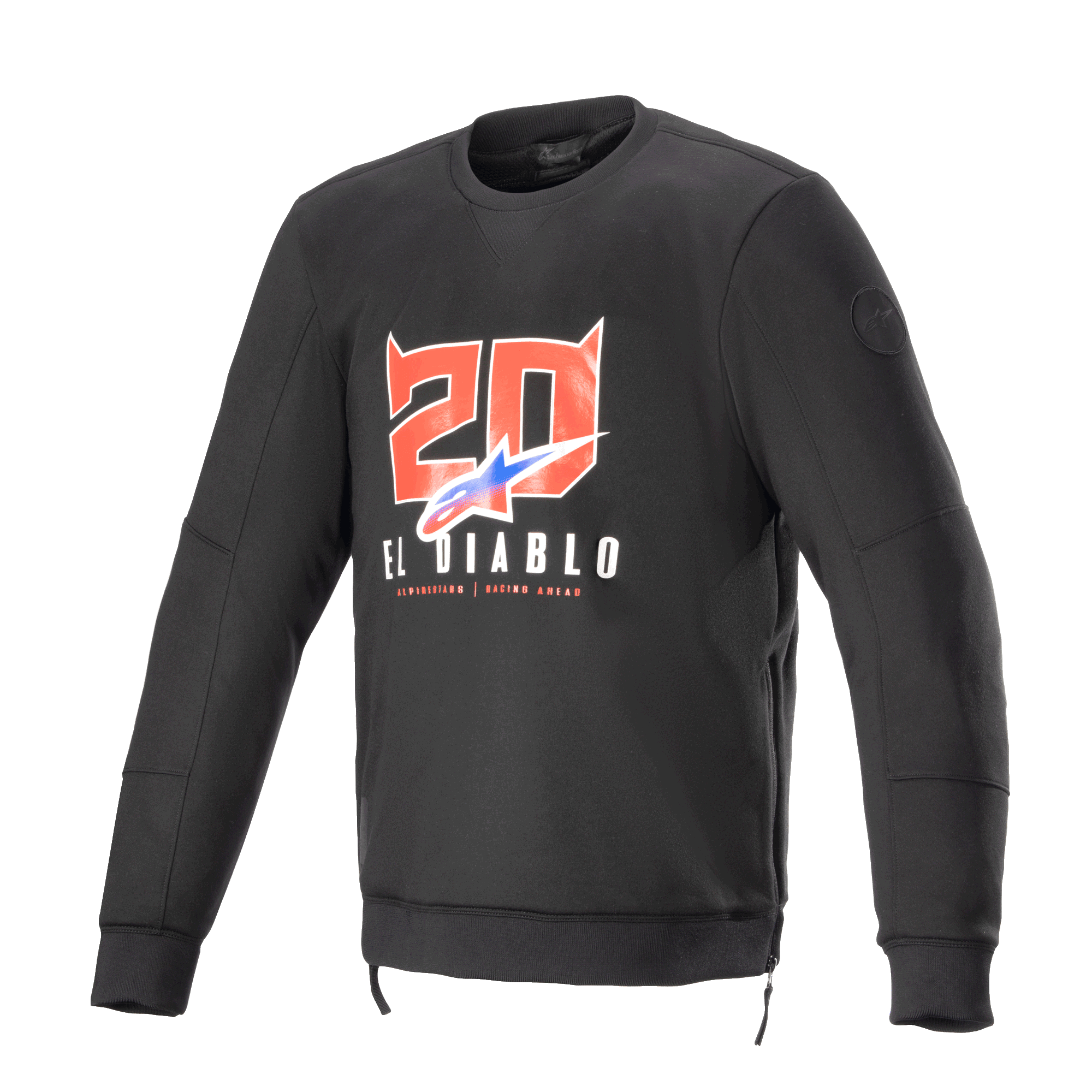 Alpinestars FQ20 Legit Crew Fleece, sort langærmet motorcykel-sweatshirt, rød '20' grafik med djævlehorn og 'El Diablo' på brystet, blåt og rødt farvetonet logo, side lynlåse og ribkanter, urbant afslappet køreudstyr