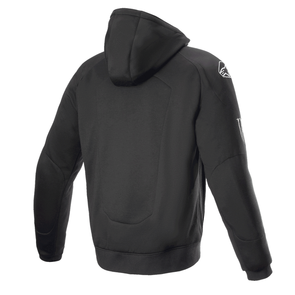 Alpinestars FQ20 Chrome Ignition Monster Hoodie, sort motorcykelhættetrøje, set bagfra, hvidt Alpinestars-logo på skulderen, Monster Energy-branding på ærmet, afslappet urbant design med beskyttende tekstilkonstruktion