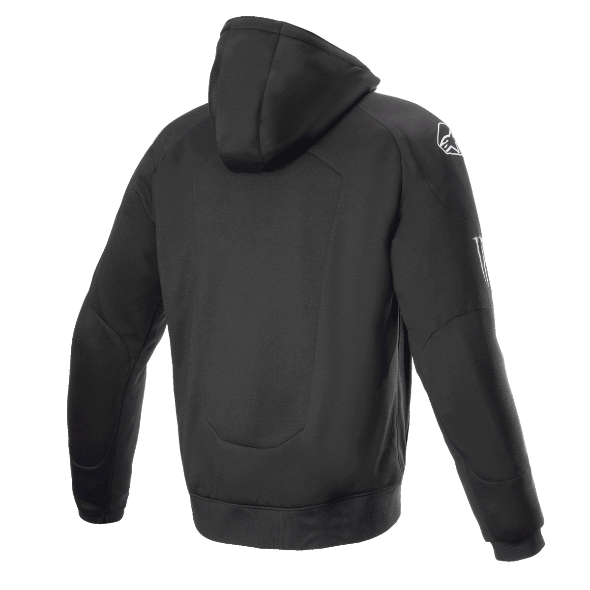 Alpinestars FQ20 Chrome Ignition Monster Hoodie, sort motorcykelhættetrøje, set bagfra, hvidt Alpinestars-logo på skulderen, Monster Energy-branding på ærmet, afslappet urbant design med beskyttende tekstilkonstruktion
