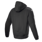 Alpinestars FQ20 Chrome Ignition Monster Hoodie, sort motorcykelhættetrøje, set bagfra, hvidt Alpinestars-logo på skulderen, Monster Energy-branding på ærmet, afslappet urbant design med beskyttende tekstilkonstruktion