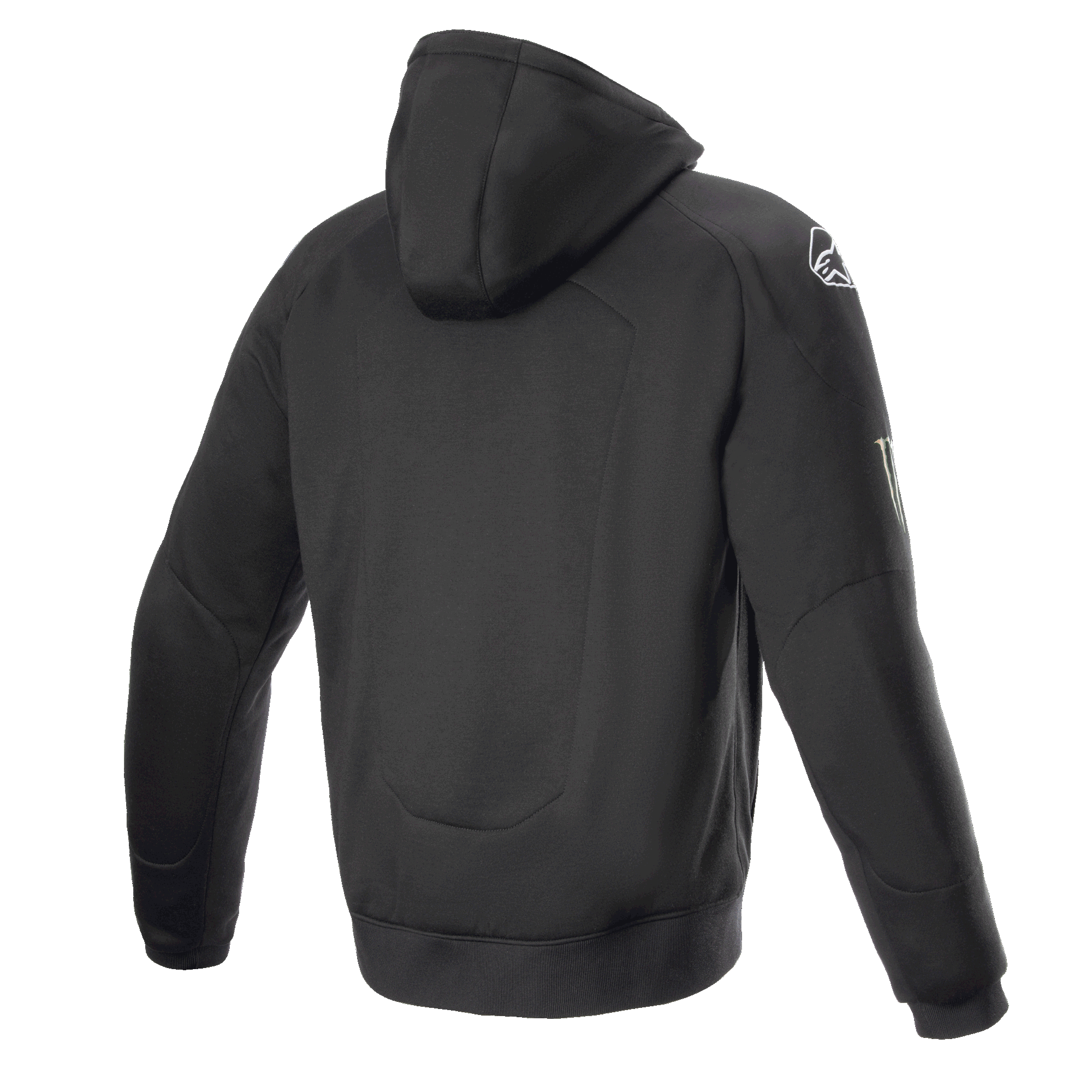 Alpinestars FQ20 Chrome Ignition Monster Hoodie, sort motorcykelhættetrøje, set bagfra, hvidt Alpinestars-logo på skulderen, Monster Energy-branding på ærmet, afslappet urbant design med beskyttende tekstilkonstruktion