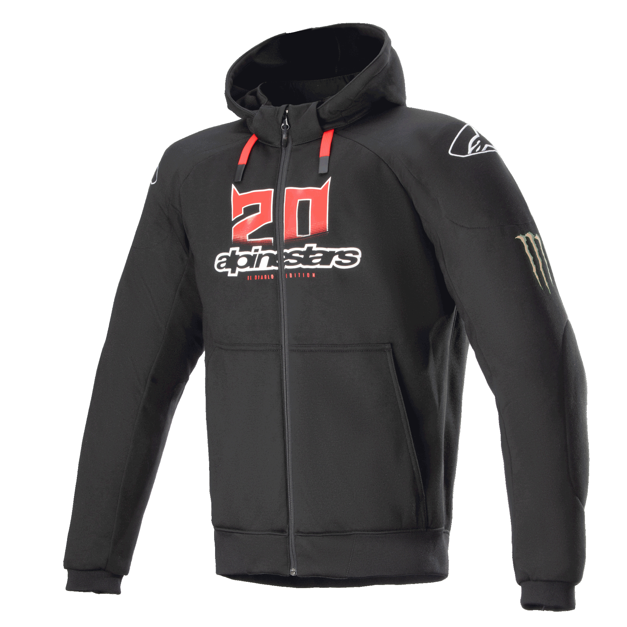 Alpinestars FQ20 Chrome Ignition Monster hættetrøje, sort motorcykelhættetrøje med lynlås, rødt og hvidt '20'-logo på brystet, Alpinestars tekstlogo, røde snore, hvidt logo på skulderen, Monster Energy-klo på ærmet, beskyttende urbant køreudstyr