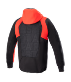 Alpinestars MO.ST.EQ Hybrid Hooded Jacket, back view, Black and Flame Red, featuring a bright red hood and ribbed shoulder accents, seamless padded back panel with tonal branding, urban motorcycle protective hoodie