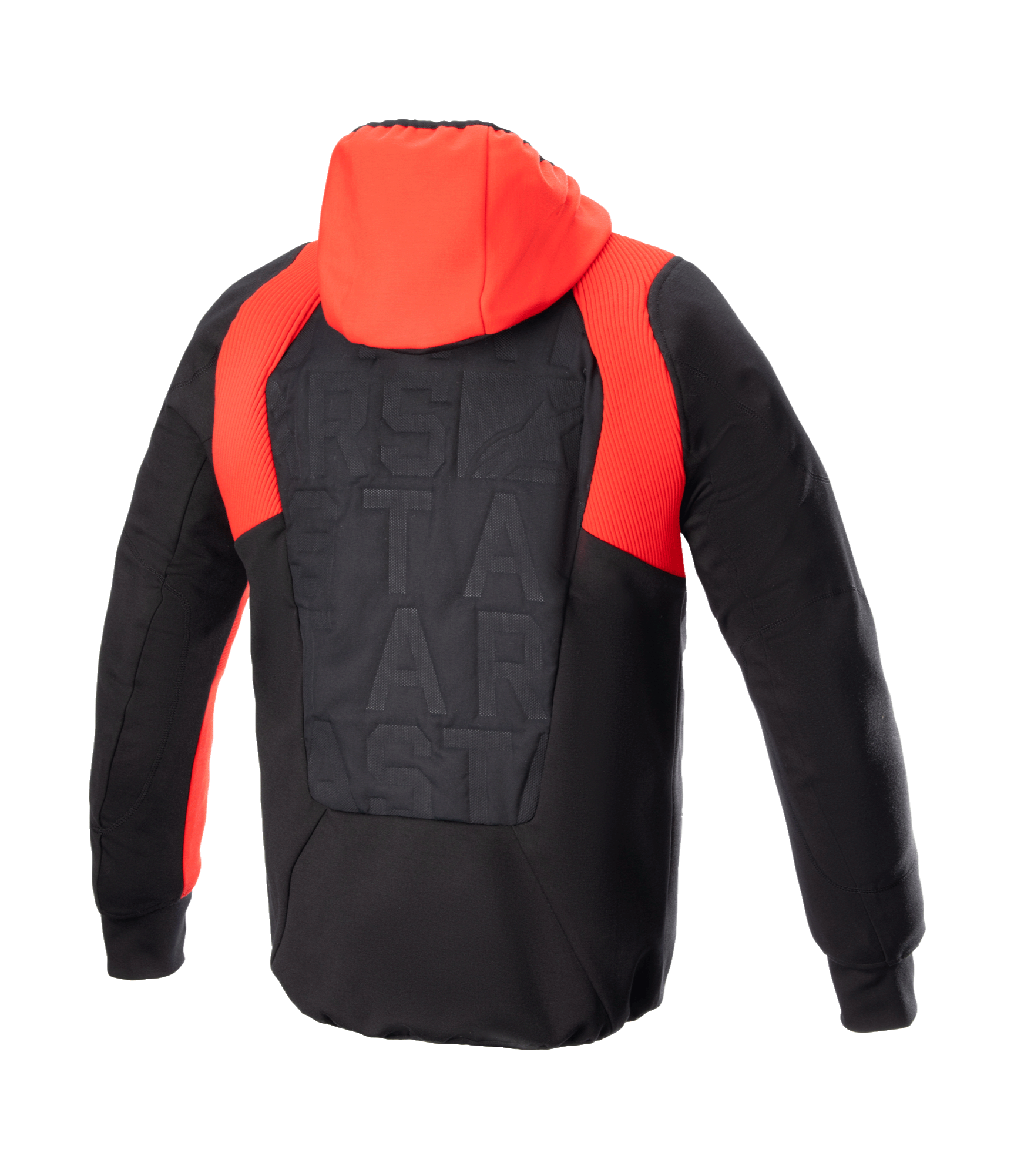 Alpinestars MO.ST.EQ Hybrid Hooded Jacket, back view, Black and Flame Red, featuring a bright red hood and ribbed shoulder accents, seamless padded back panel with tonal branding, urban motorcycle protective hoodie
