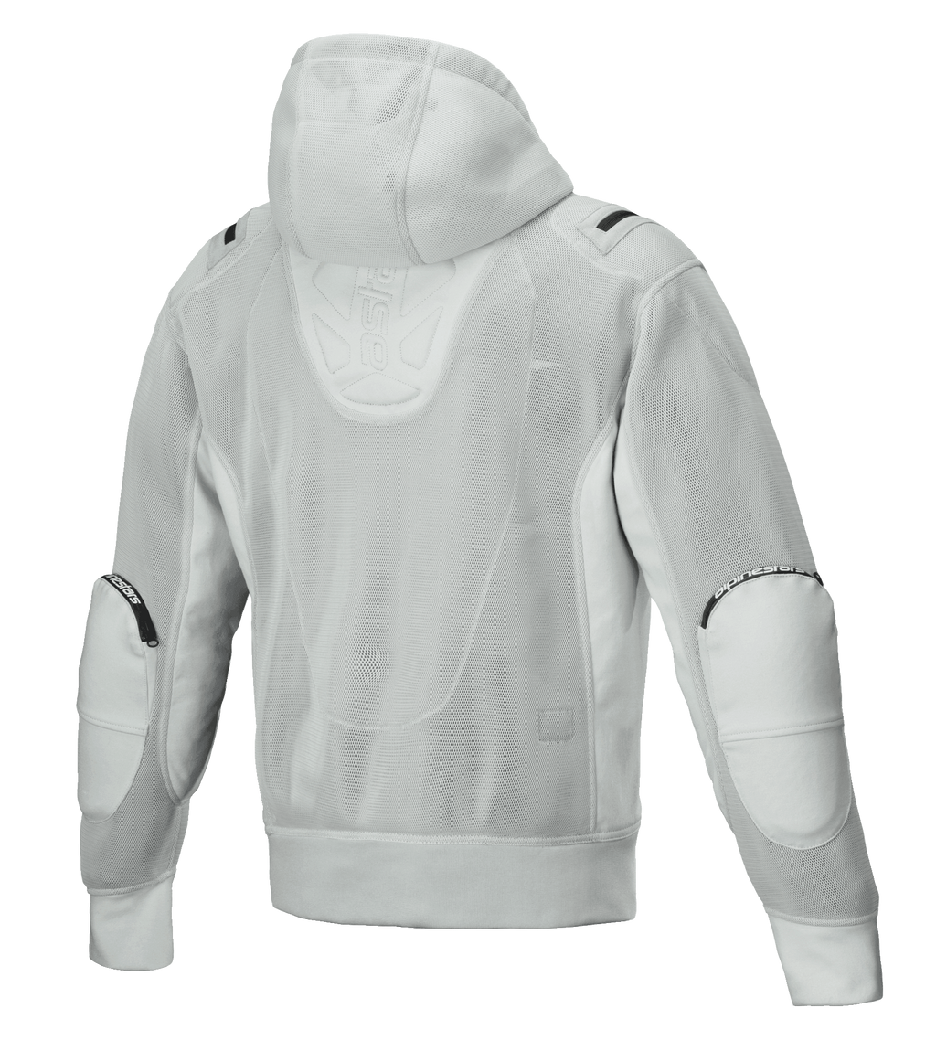 Alpinestars Moflow Air Tech Hoodie, motorcykeljakke til herrer, grå, set bagfra med komplet mesh-konstruktion i høj tæthed, mesh-hætte, forstærkede albuepaneler og diskret Alpinestars-branding, urbant tech-wear design