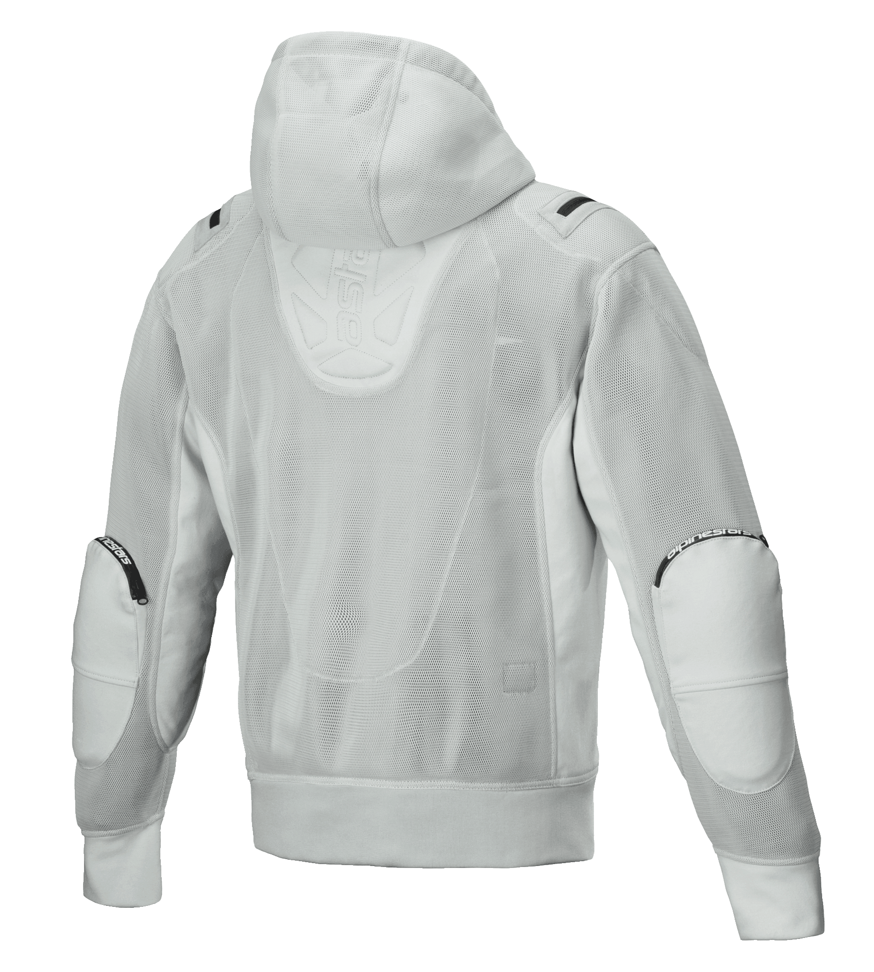 Alpinestars Moflow Air Tech Hoodie, motorcykeljakke til herrer, grå, set bagfra med komplet mesh-konstruktion i høj tæthed, mesh-hætte, forstærkede albuepaneler og diskret Alpinestars-branding, urbant tech-wear design