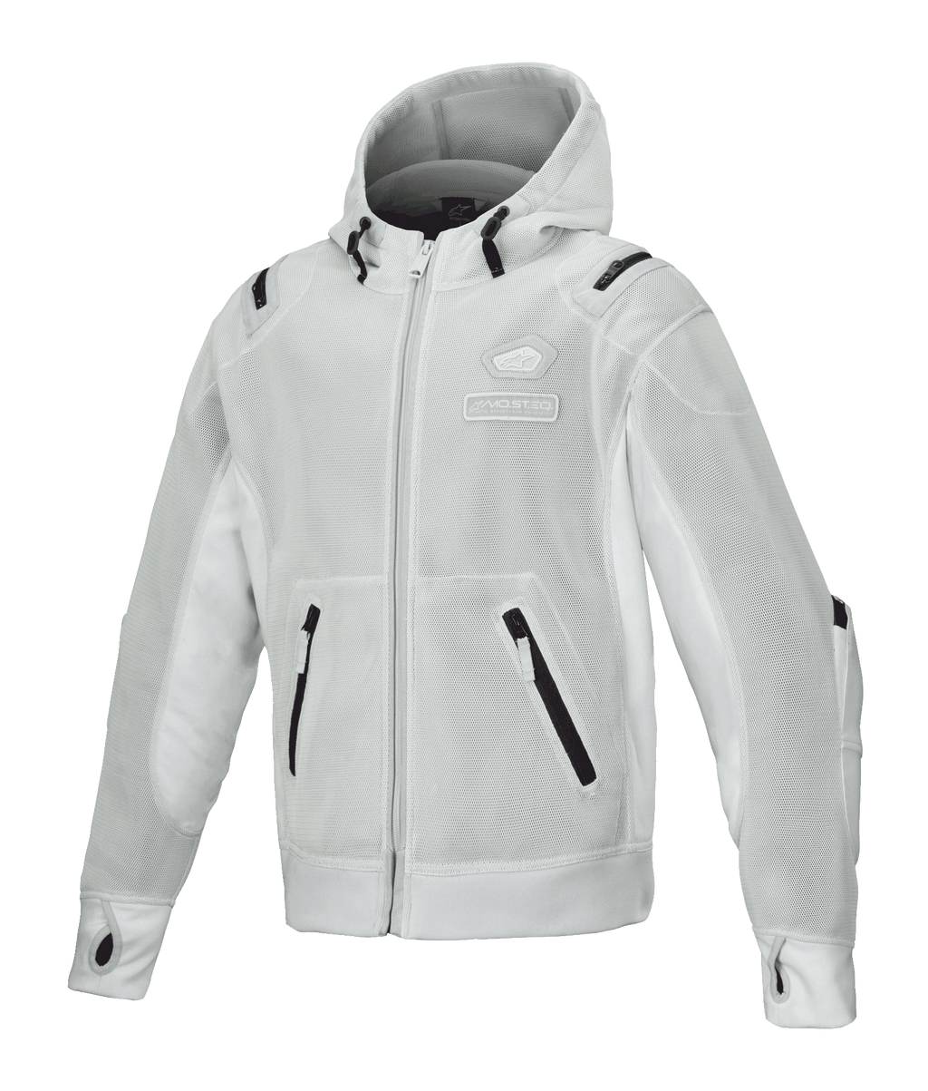 Alpinestars Moflow Air Tech Hoodie, mesh-motorcykeljakke til herre, lysegrå med sorte detaljer, fuld mesh-konstruktion, lynlåslommer, ærmer med tommelhuller, urbant køreudstyr
