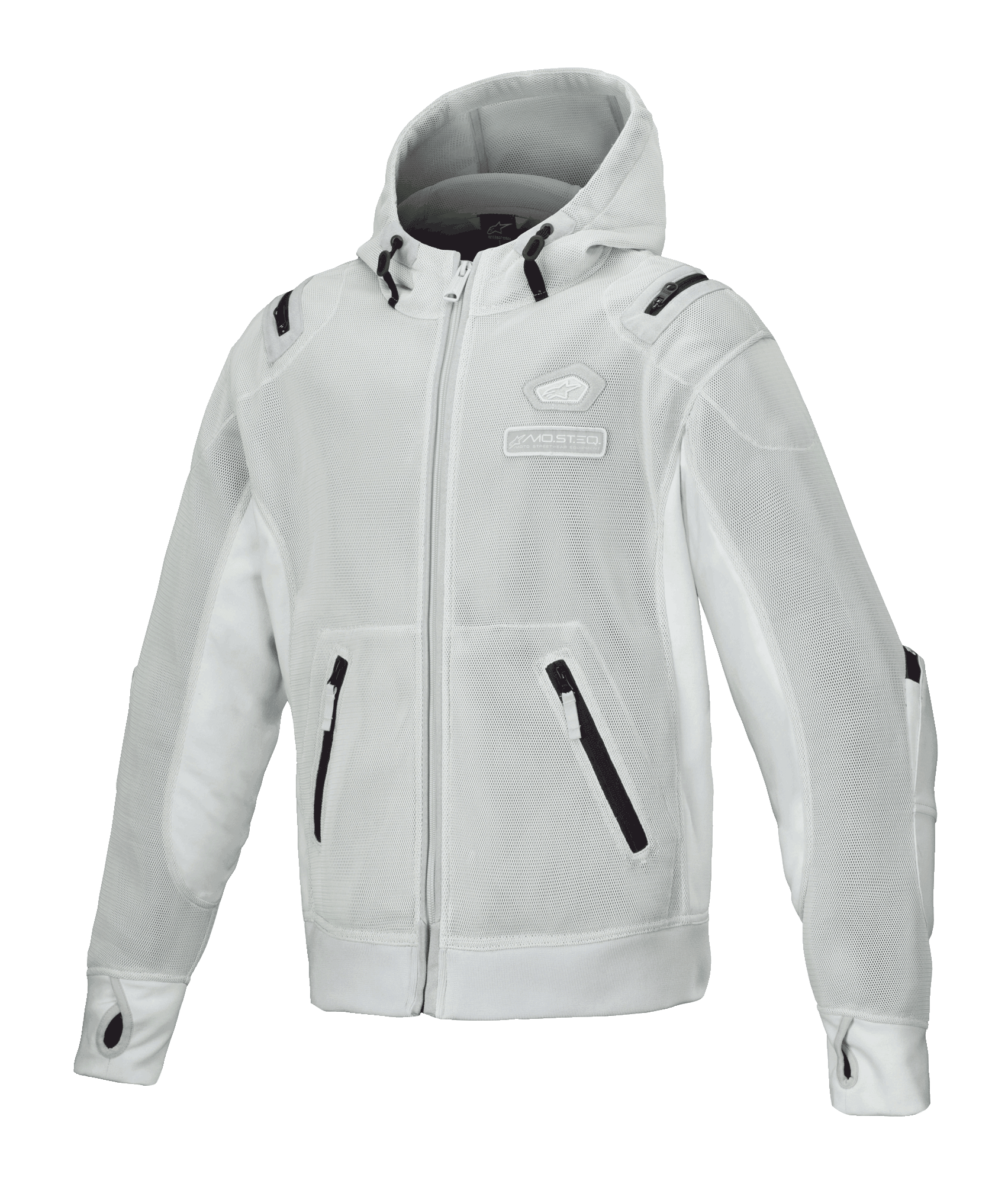 Alpinestars Moflow Air Tech Hoodie, mesh-motorcykeljakke til herre, lysegrå med sorte detaljer, fuld mesh-konstruktion, lynlåslommer, ærmer med tommelhuller, urbant køreudstyr