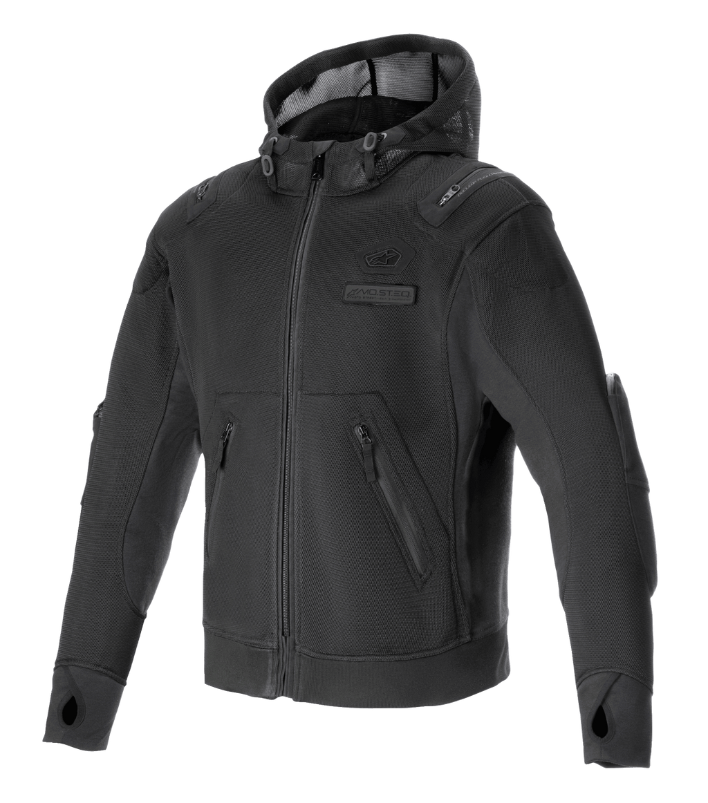 Alpinestars Moflow Air Tech Hoodie, Black motorcycle performance hoodie with high-density mesh chassis, zippered side pockets, thumb holes at cuffs, integrated shoulder and elbow protection, drawstring mesh hood, urban sporty design for warm weather riding