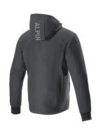 Alpinestars Radium Tech Hoodie, black windproof 3L Tech shell urban motorcycle jacket, Men's back view with hood branding.