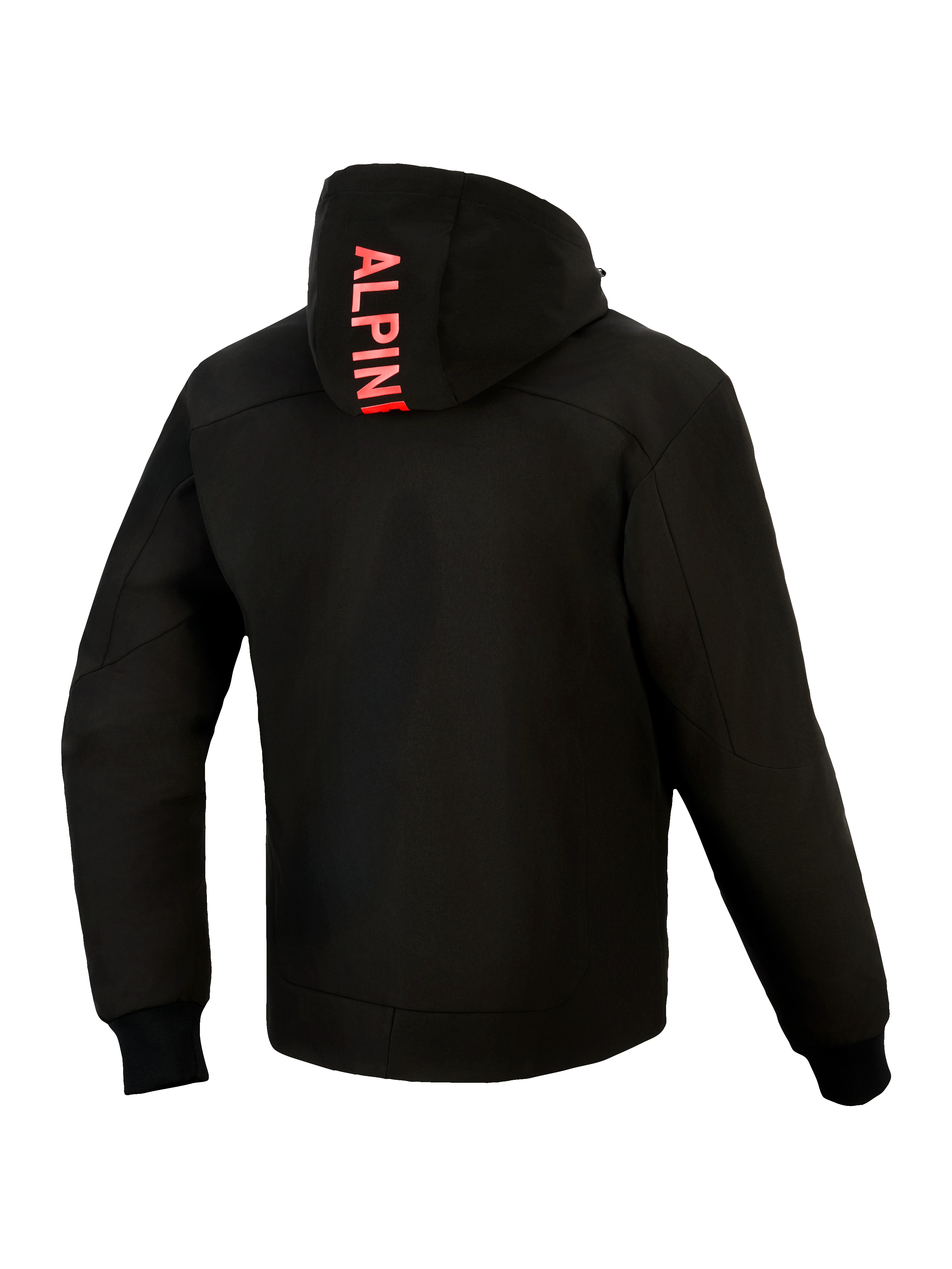 Alpinestars Radium Tech Hoodie, set bagfra, sort med klar rød, lodret Alpinestars-branding på hætten, 3-lags vindtæt teknisk skal, ribstrikkede stretch-manchetter og strømlinet urban atletisk pasform.