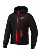 Alpinestars Radium Tech Hoodie, urban motorcykeljakke, sort og klar rød, med gennemgående rød lynlås, rødt Alpinestars-logo på brystet, hætte med snoretræk og ribbede manchetter på en teknisk vindtæt skal.