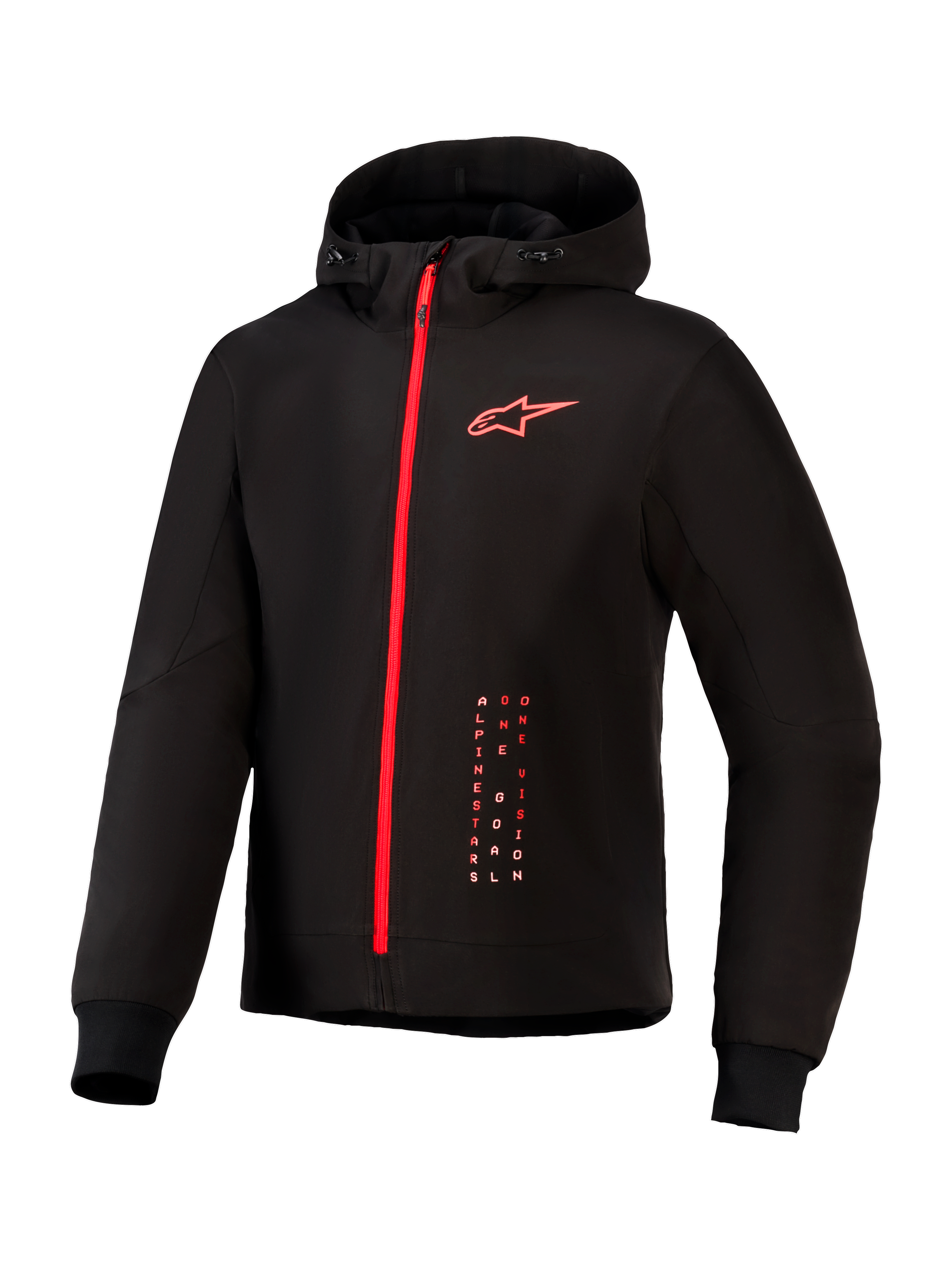 Alpinestars Radium Tech Hoodie, urban motorcykeljakke, sort og klar rød, med gennemgående rød lynlås, rødt Alpinestars-logo på brystet, hætte med snoretræk og ribbede manchetter på en teknisk vindtæt skal.