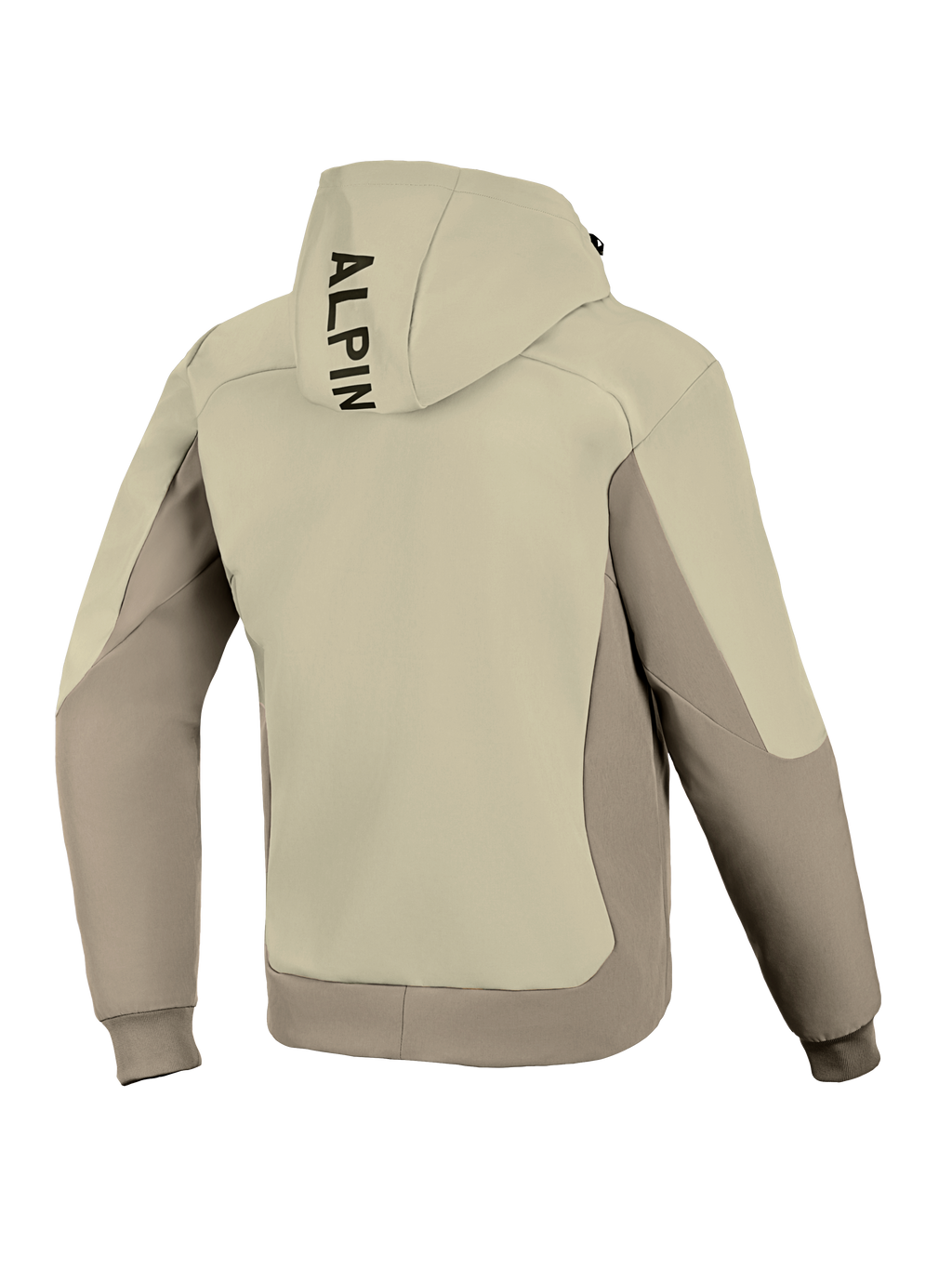 Alpinestars Radium Tech Hoodie, set bagfra, Mastic Aluminum, urban motorcykeljakke, tofarvet beige og gråt tekstildesign, lodret sort branding på hætten, ribbede manchetter og kant, vindtæt tech shell til bykørsel.