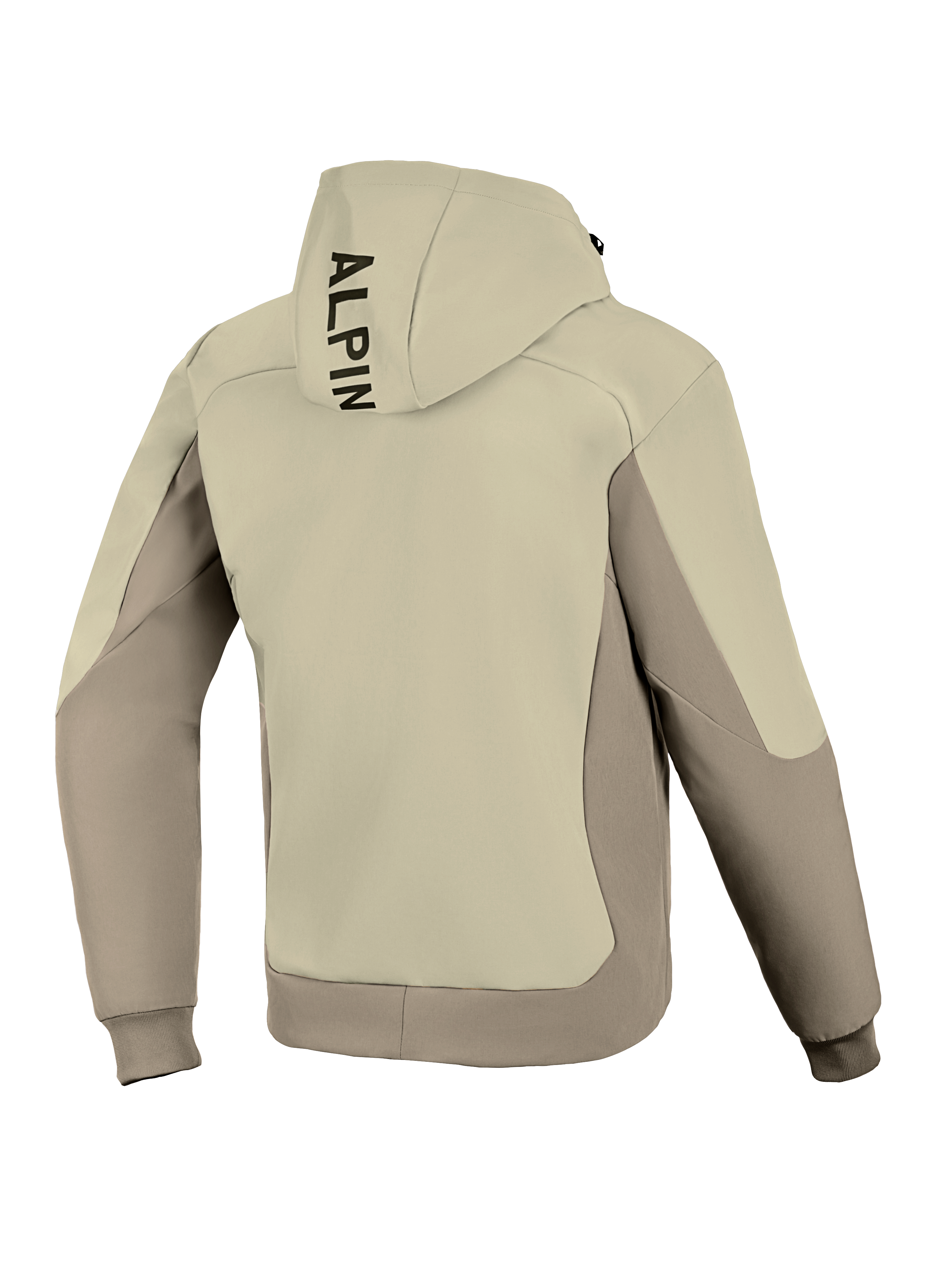 Alpinestars Radium Tech Hoodie, set bagfra, Mastic Aluminum, urban motorcykeljakke, tofarvet beige og gråt tekstildesign, lodret sort branding på hætten, ribbede manchetter og kant, vindtæt tech shell til bykørsel.