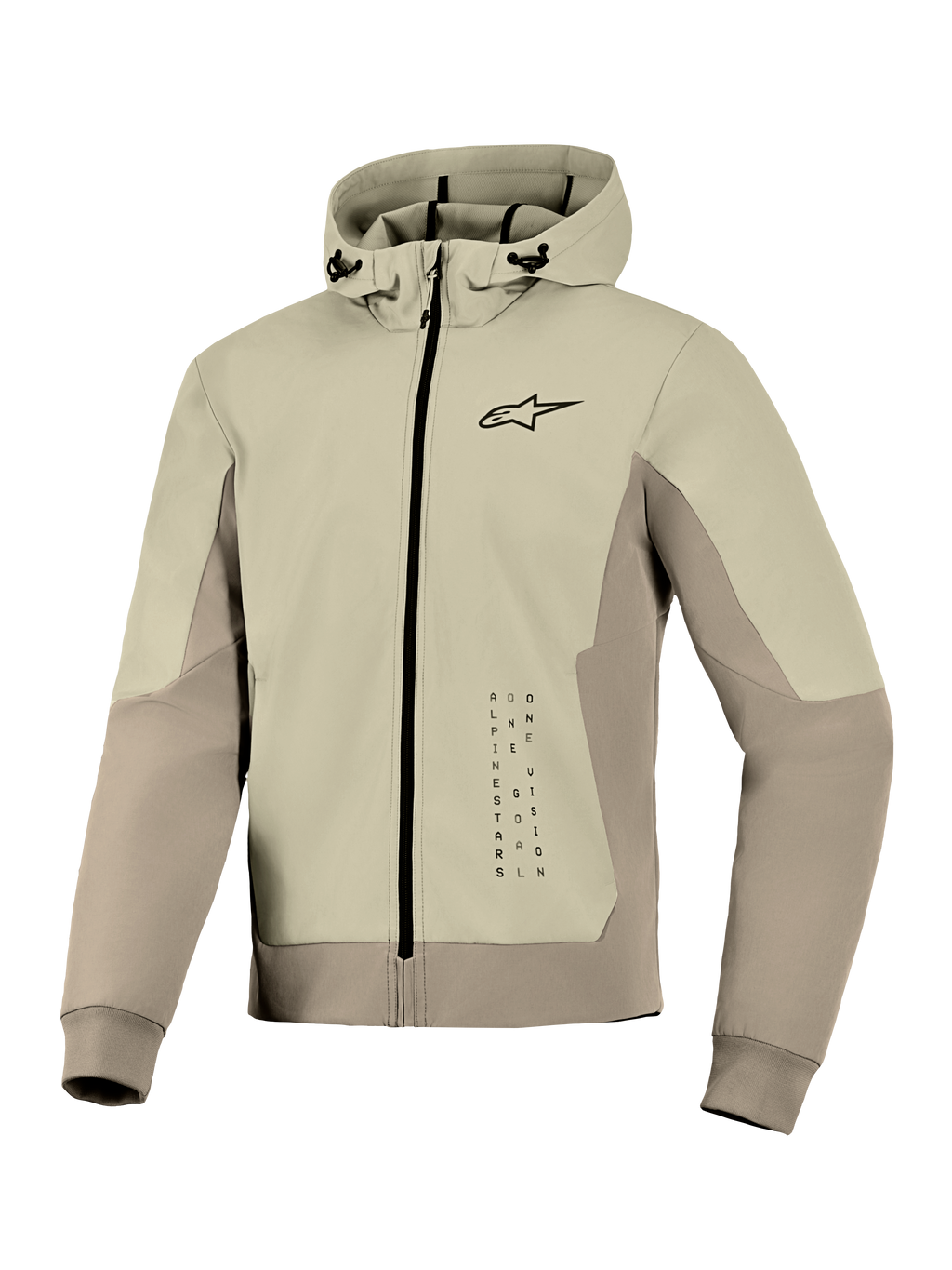 Alpinestars Radium Tech Hoodie, teknisk motorcykel-hættetrøje, Mastic Aluminum, lynlås-design med lille sort logo på brystet og vertikal grafik, vindtæt skal med justerbar hætte