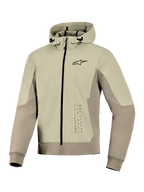 Alpinestars Radium Tech Hoodie, teknisk motorcykel-hættetrøje, Mastic Aluminum, lynlås-design med lille sort logo på brystet og vertikal grafik, vindtæt skal med justerbar hætte