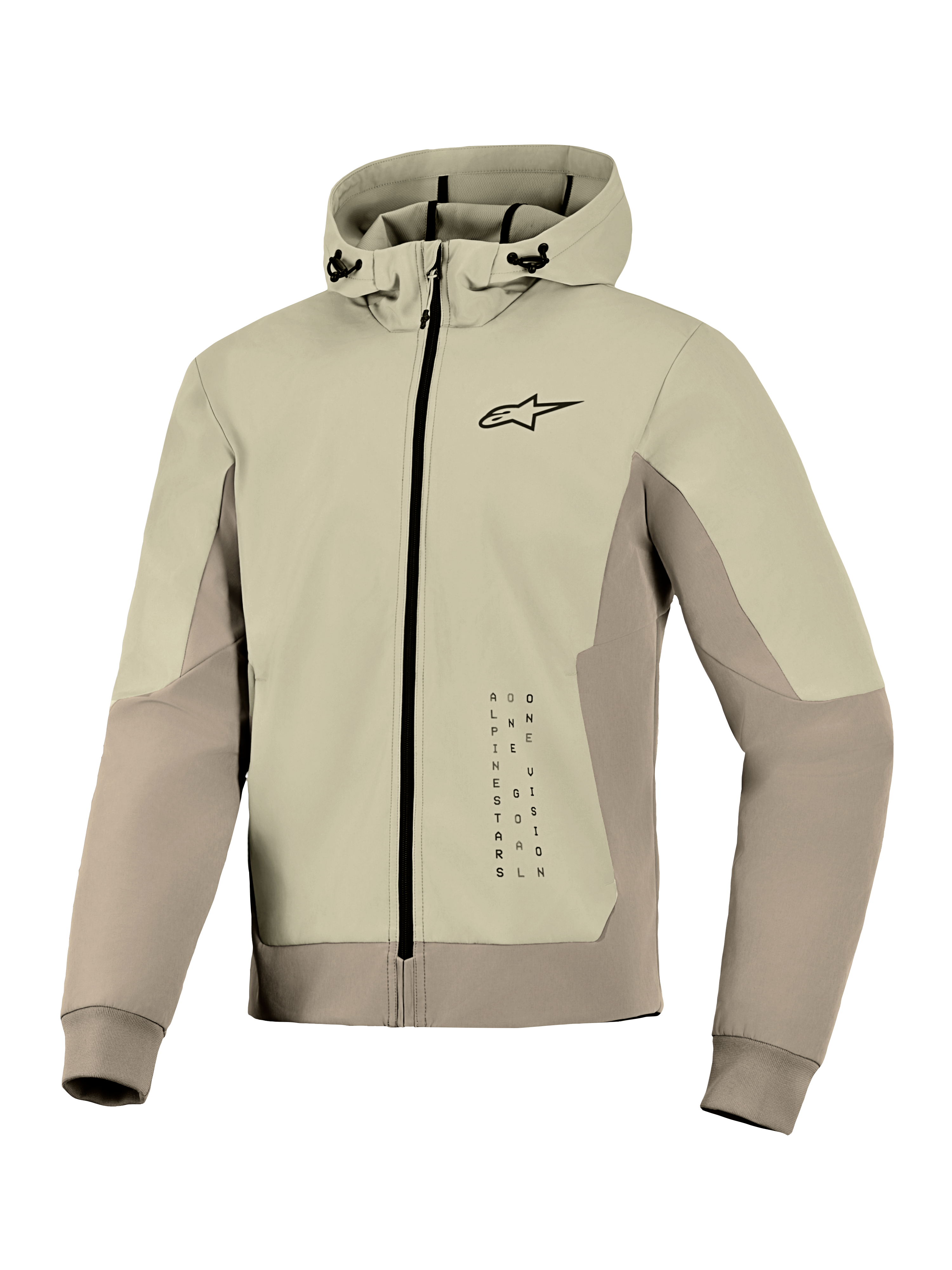 Alpinestars Radium Tech Hoodie, teknisk motorcykel-hættetrøje, Mastic Aluminum, lynlås-design med lille sort logo på brystet og vertikal grafik, vindtæt skal med justerbar hætte