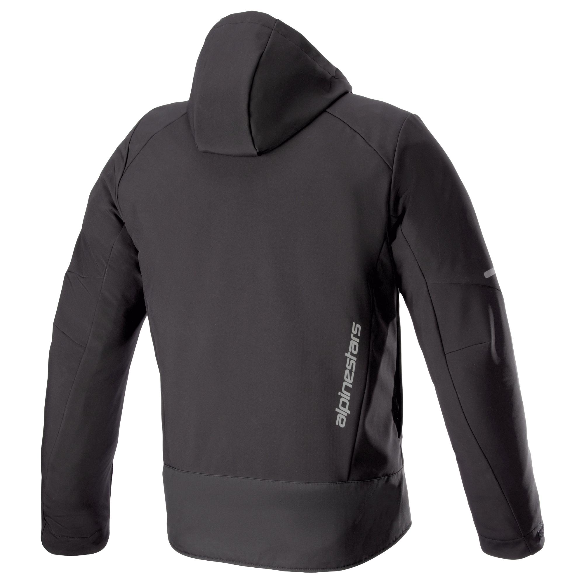 Alpinestars Neo Waterproof Hoodie, teknisk urban motorcykeljakke, sort, set bagfra med aftagelig hætte, lodret sølvfarvet Alpinestars-branding på lænden og reflekterende detaljer på ærmerne.