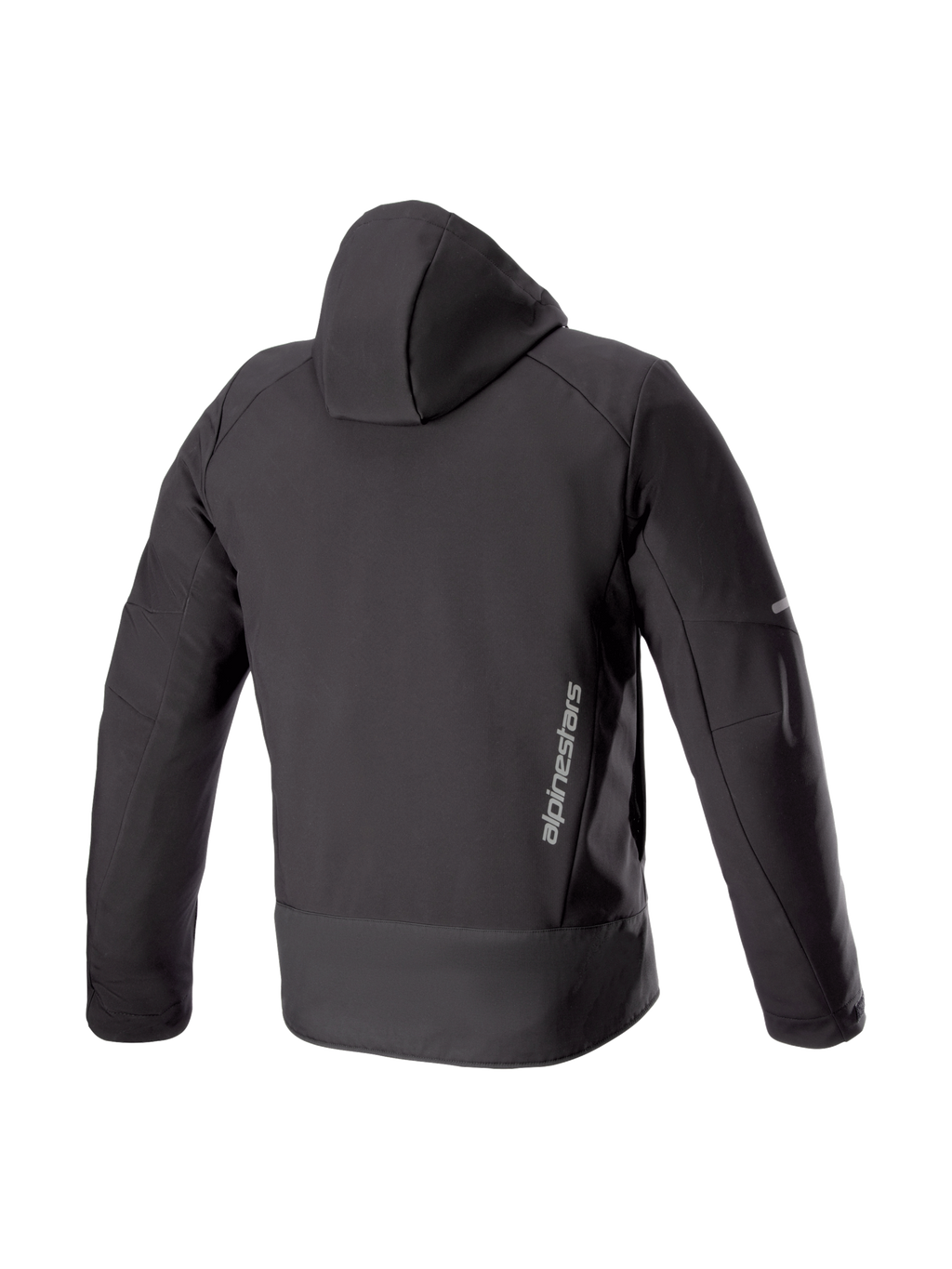 Alpinestars Neo vandtæt hættetrøje, sort urban herremotorcykeljakke, set bagfra i vandtæt softshell med vertikalt logo