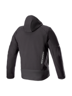 Alpinestars Neo vandtæt hættetrøje, sort urban herremotorcykeljakke, set bagfra i vandtæt softshell med vertikalt logo