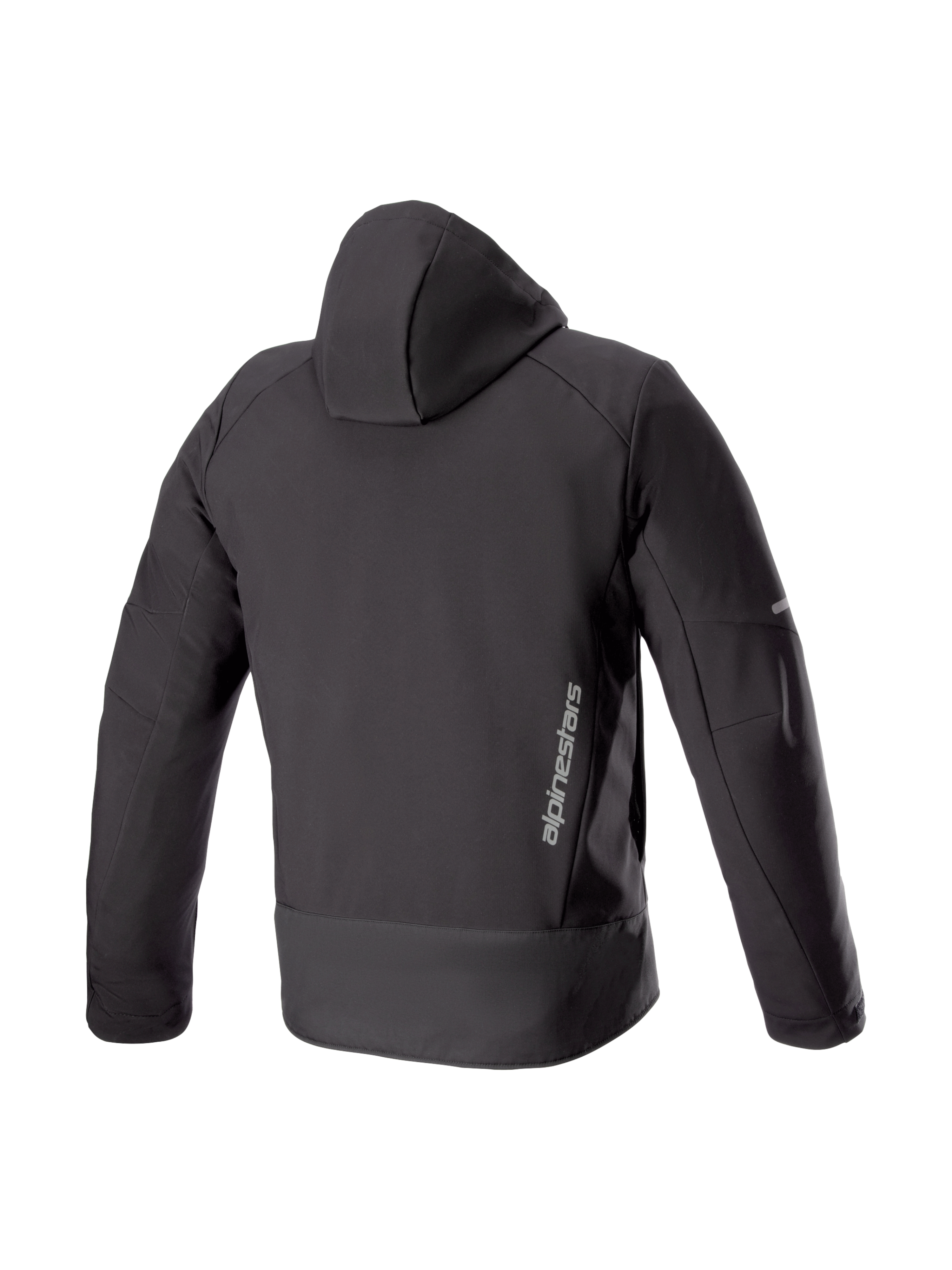 Alpinestars Neo vandtæt hættetrøje, sort urban herremotorcykeljakke, set bagfra i vandtæt softshell med vertikalt logo