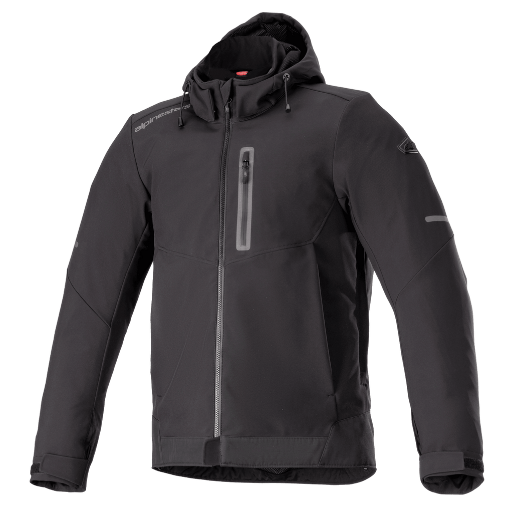 Alpinestars Neo Waterproof Hoodie, sort, urban motorcykeljakke, glat vandafvisende materiale, gennemgående lynlås foran, lodret brystlomme med lynlås, fastgjort hætte med snoretræk, reflekterende detaljer på ærmerne, justerbare velcromanchetter, teknisk pendlestil