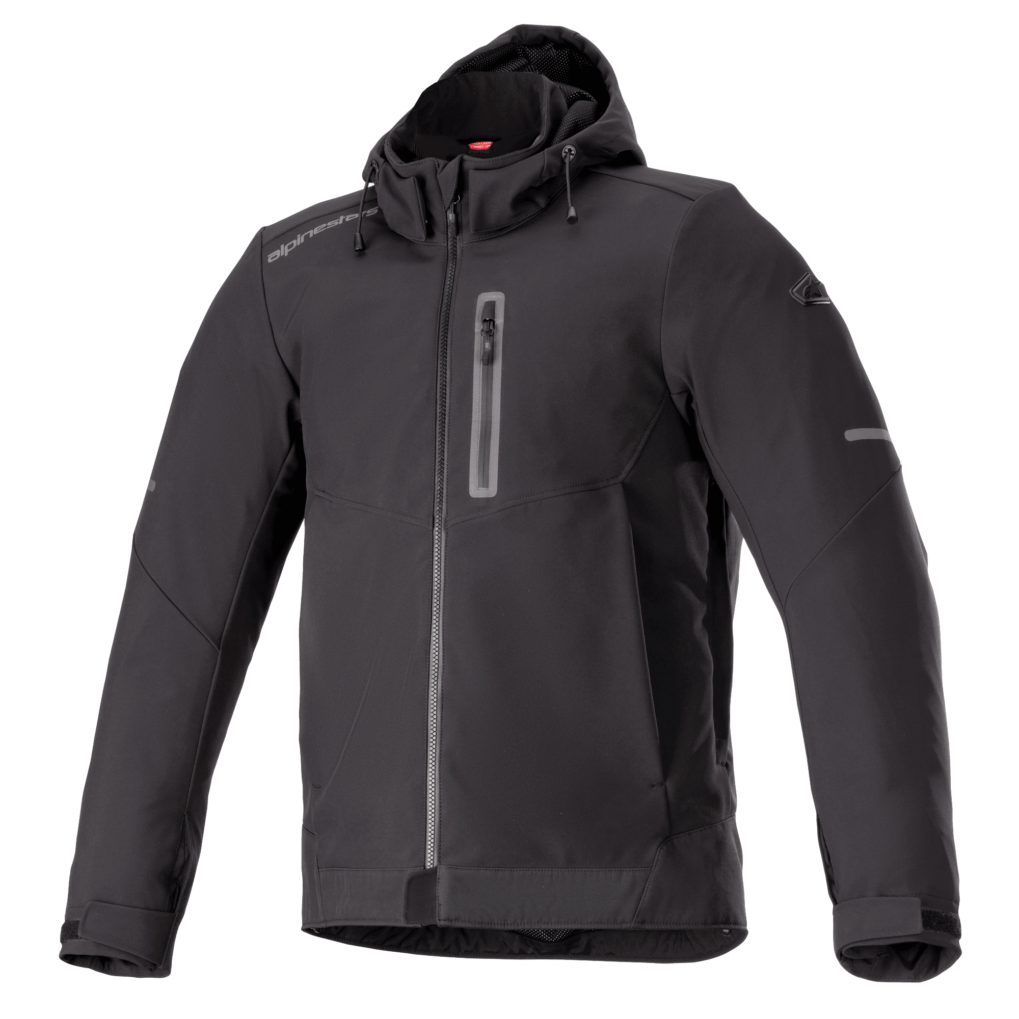 Alpinestars Neo Waterproof Hoodie, sort, urban motorcykeljakke, glat vandafvisende materiale, gennemgående lynlås foran, lodret brystlomme med lynlås, fastgjort hætte med snoretræk, reflekterende detaljer på ærmerne, justerbare velcromanchetter, teknisk pendlestil