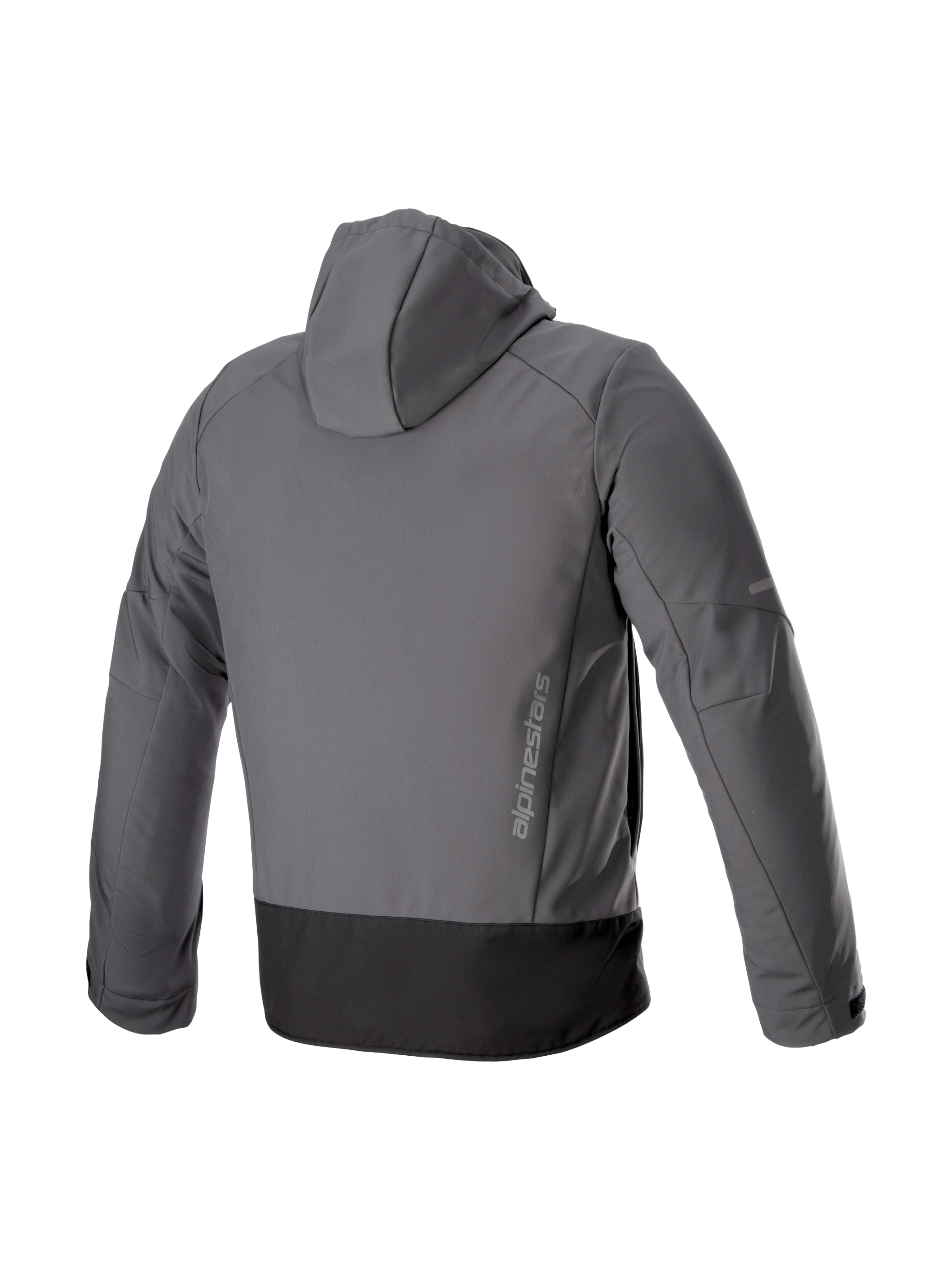 Alpinestars Neo Vandtæt Hættetrøje, urban motorcykeljakke i grå og sort, set bagfra med tekstil softshell og lodret logo