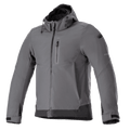 Alpinestars Neo Waterproof Hoodie, Urban Motorcycle Jacket, Tar Gray and Black, front-zip hooded jacket with chest pocket, adjustable Velcro cuffs, technical weather-resistant softshell, modern sleek design
