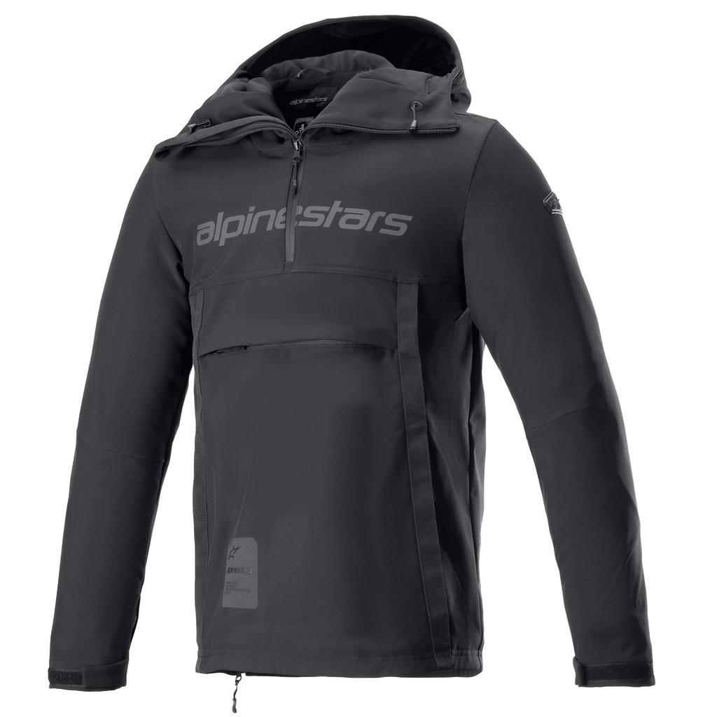 Alpinestars Sherpa Hoodie, Black Reflex Motorcycle Anorak Jacket, Half-Zip with Chest Logo, Large Front Zippered Pocket, Technical Softshell Fabric, Sporty Urban Design