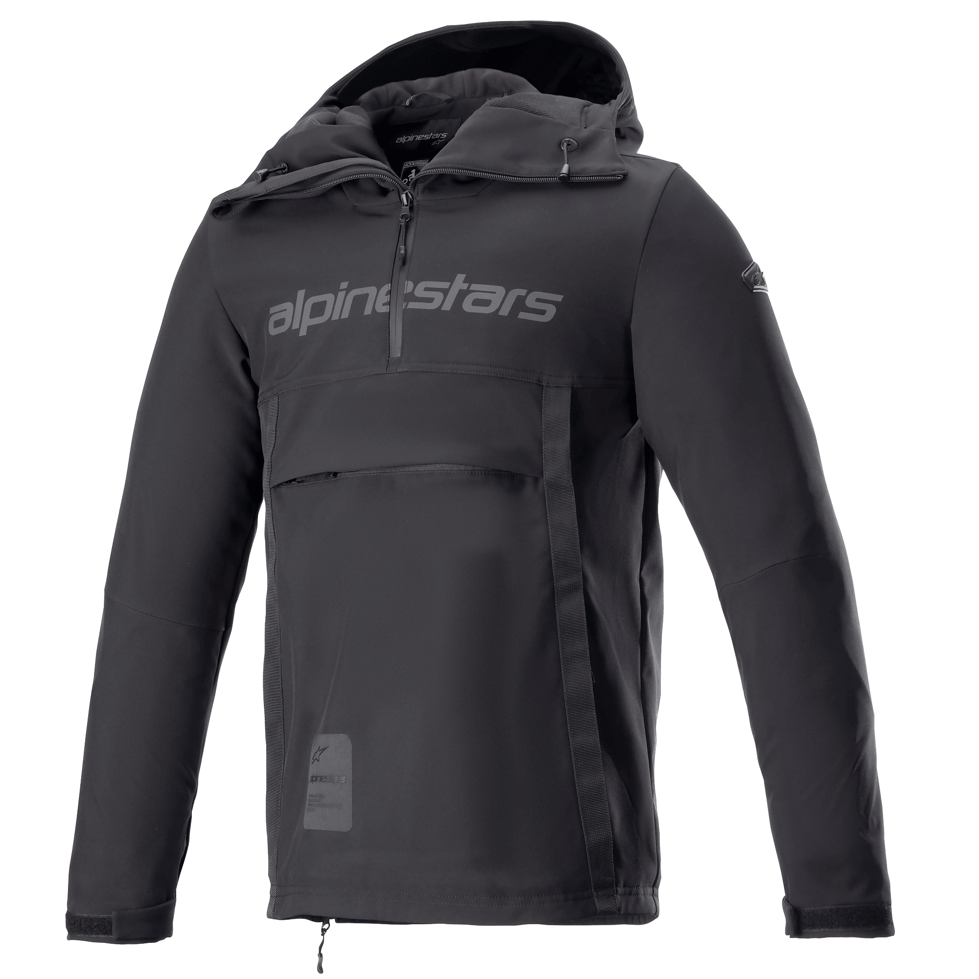Alpinestars Sherpa Hoodie, Black Reflex Motorcycle Anorak Jacket, Half-Zip with Chest Logo, Large Front Zippered Pocket, Technical Softshell Fabric, Sporty Urban Design