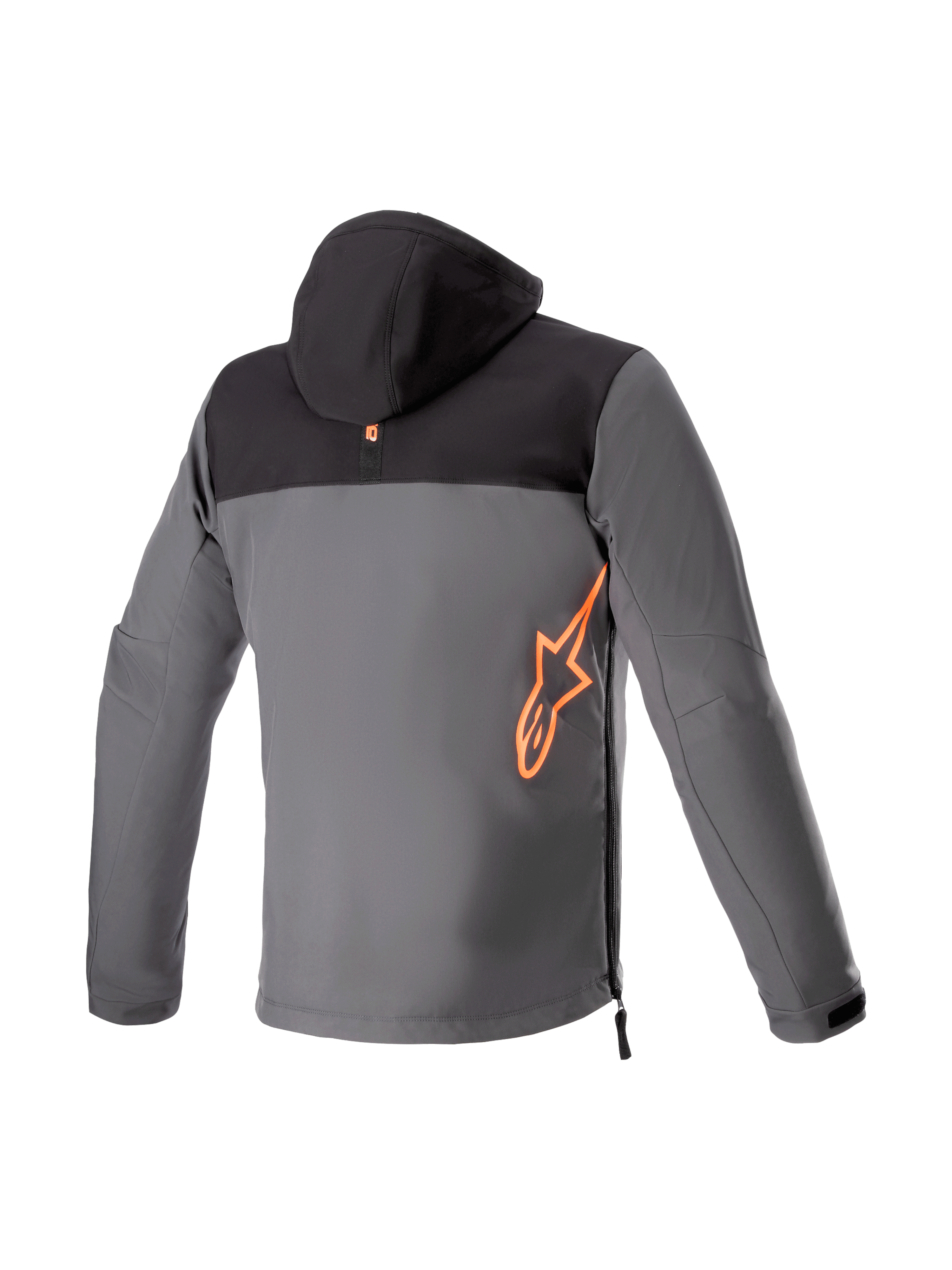 Alpinestars Sherpa Hoodie, Men's Urban Riding Jacket, Black and Tar Gray Softshell, Red Fluo logo, Rear View, Tech-Air Ready.