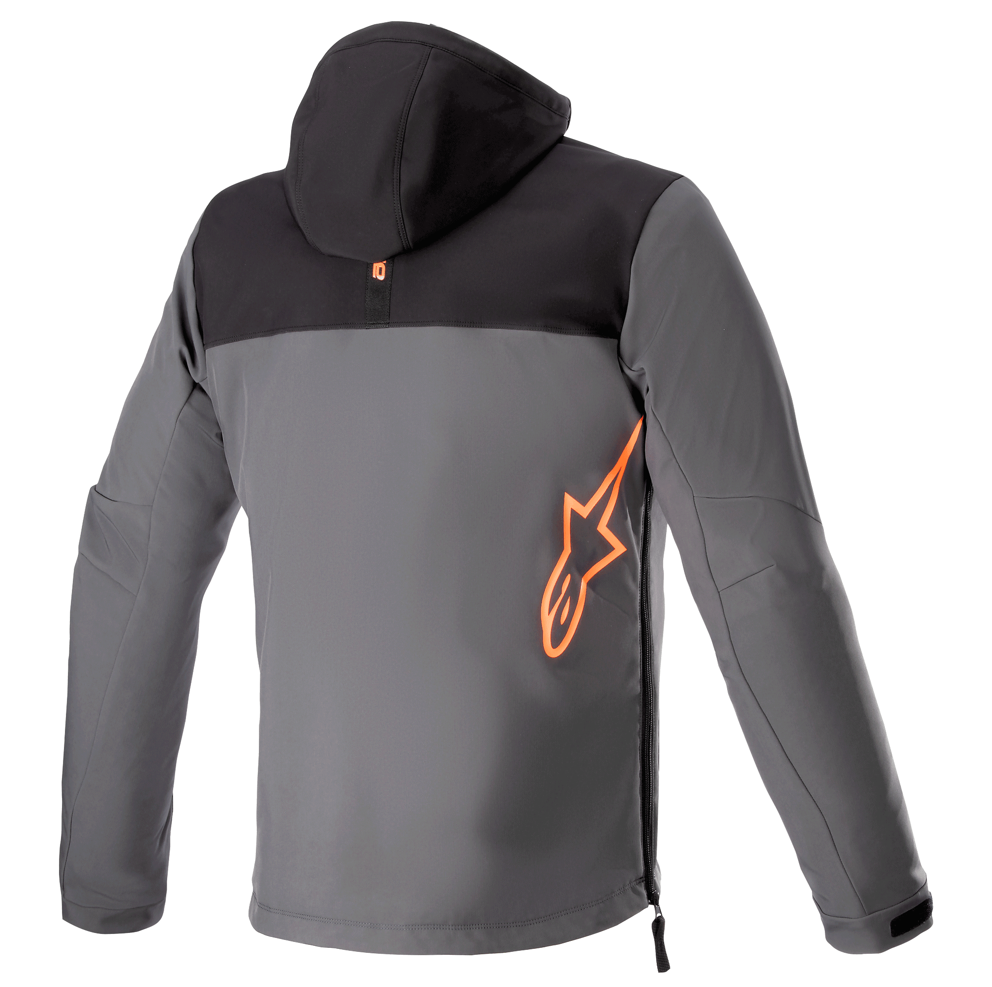 Alpinestars Sherpa Hoodie, set bagfra, teknisk motorcykeljakke i sort og grå, stort fluorescerende orange Alpinestars-logo nederst på ryggen, lynlåsåbning i siden, softshell-udstyr til bykørsel