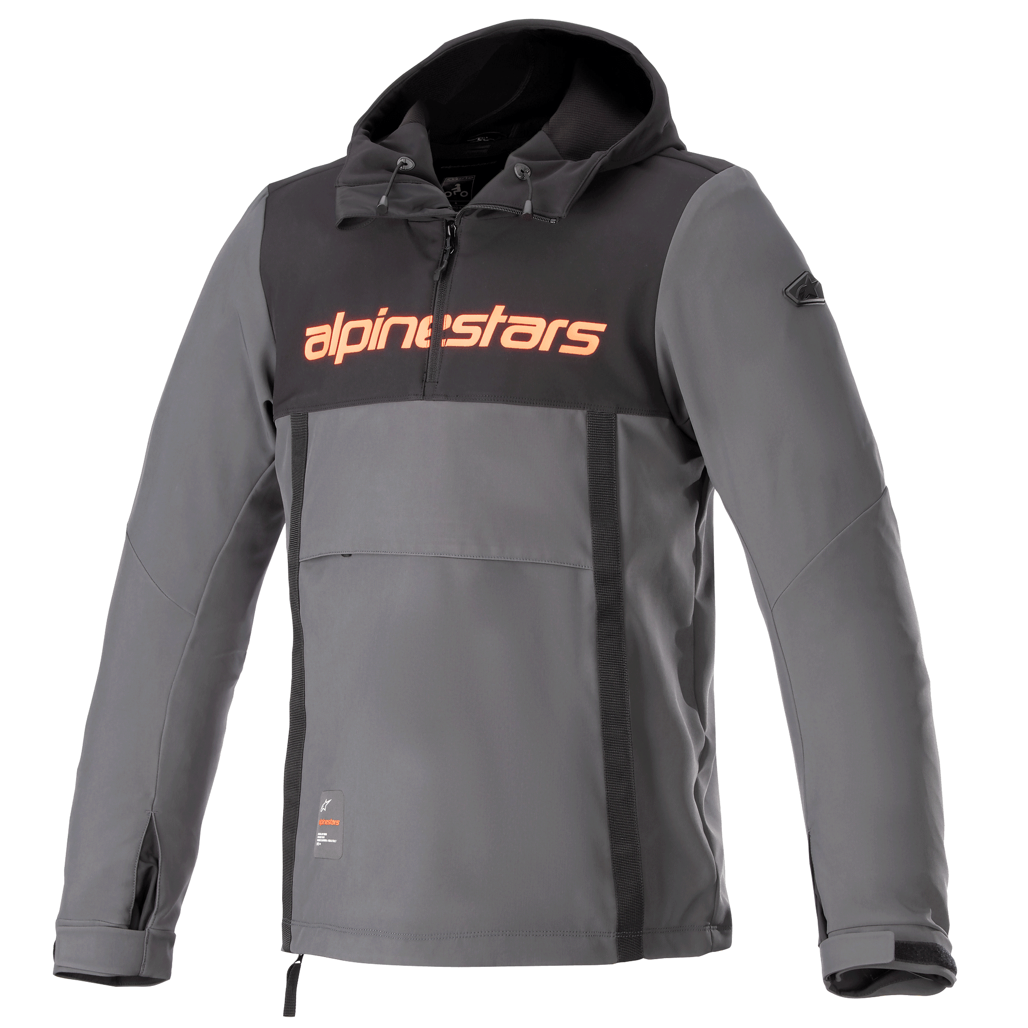 Alpinestars Sherpa Hoodie, teknisk urban motorcykeljakke, grå med sort brystpanel og orange logo, anorak-stil med kængurulomme og justerbare manchetter, vindtæt softshell-design