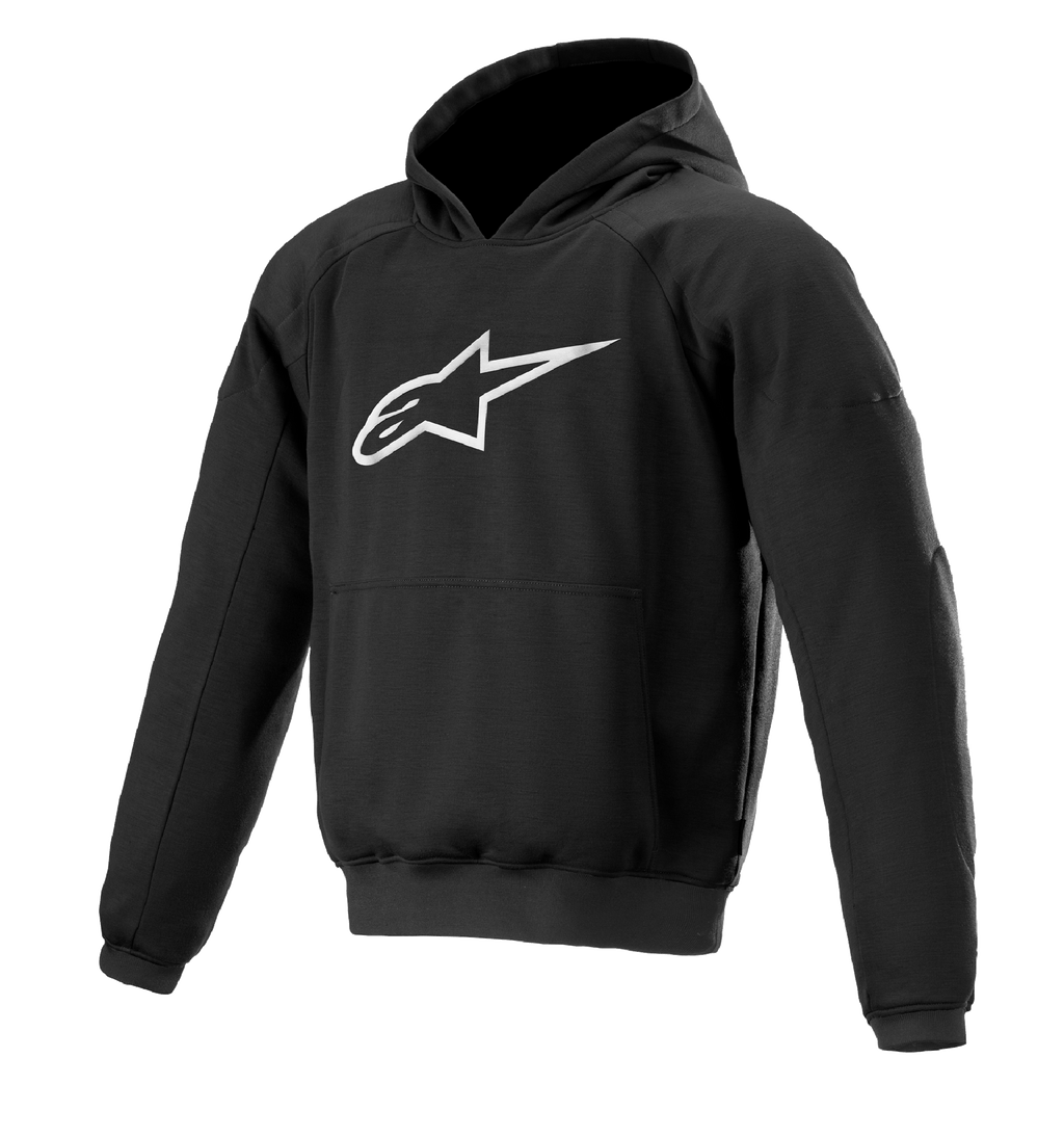 Alpinestars Ageless Hoodie, urban motorcykelhættetrøje til bykørsel, sort med hvidt stjernelogo, pullover-stil med kængurulomme, ribbede manchetter og kant, afslappet motorsport-inspireret design