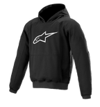 Alpinestars Ageless Hoodie, urban motorcykelhættetrøje til bykørsel, sort med hvidt stjernelogo, pullover-stil med kængurulomme, ribbede manchetter og kant, afslappet motorsport-inspireret design